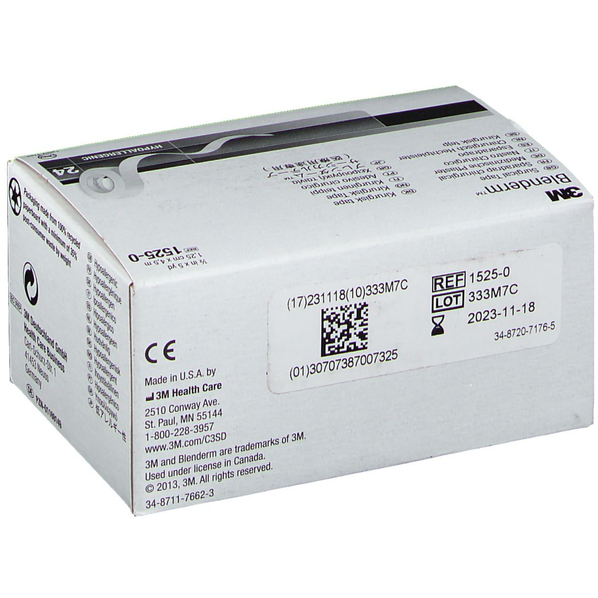 Boîte avec informations produit. Inscription : Blenderm, 3M, Hypoallergénique. Référence 1525-0. Date de péremption.