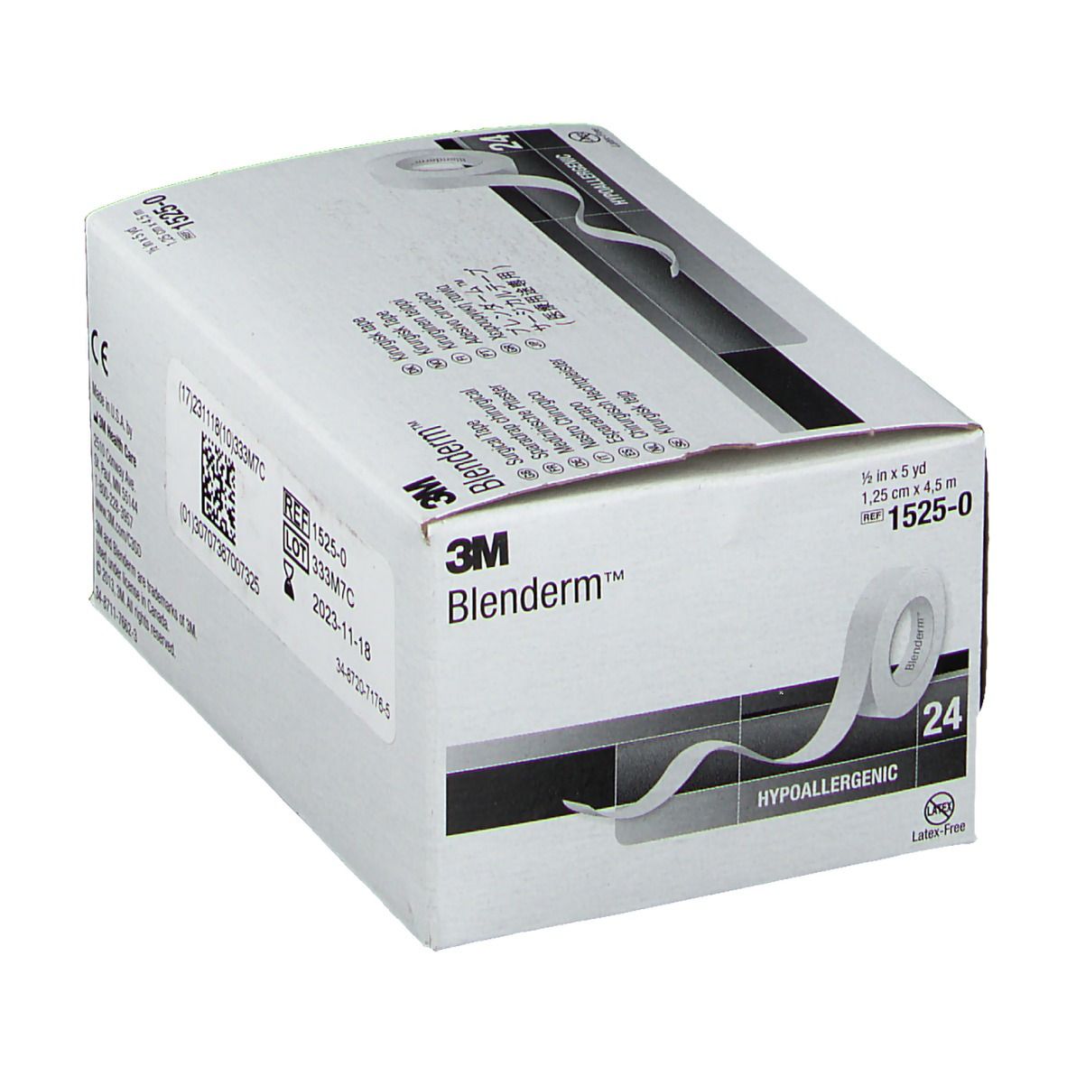 Boîte blanche avec produit. Inscription : Blenderm, 3M, Hypoallergénique. Rouleau de ruban adhésif visible.