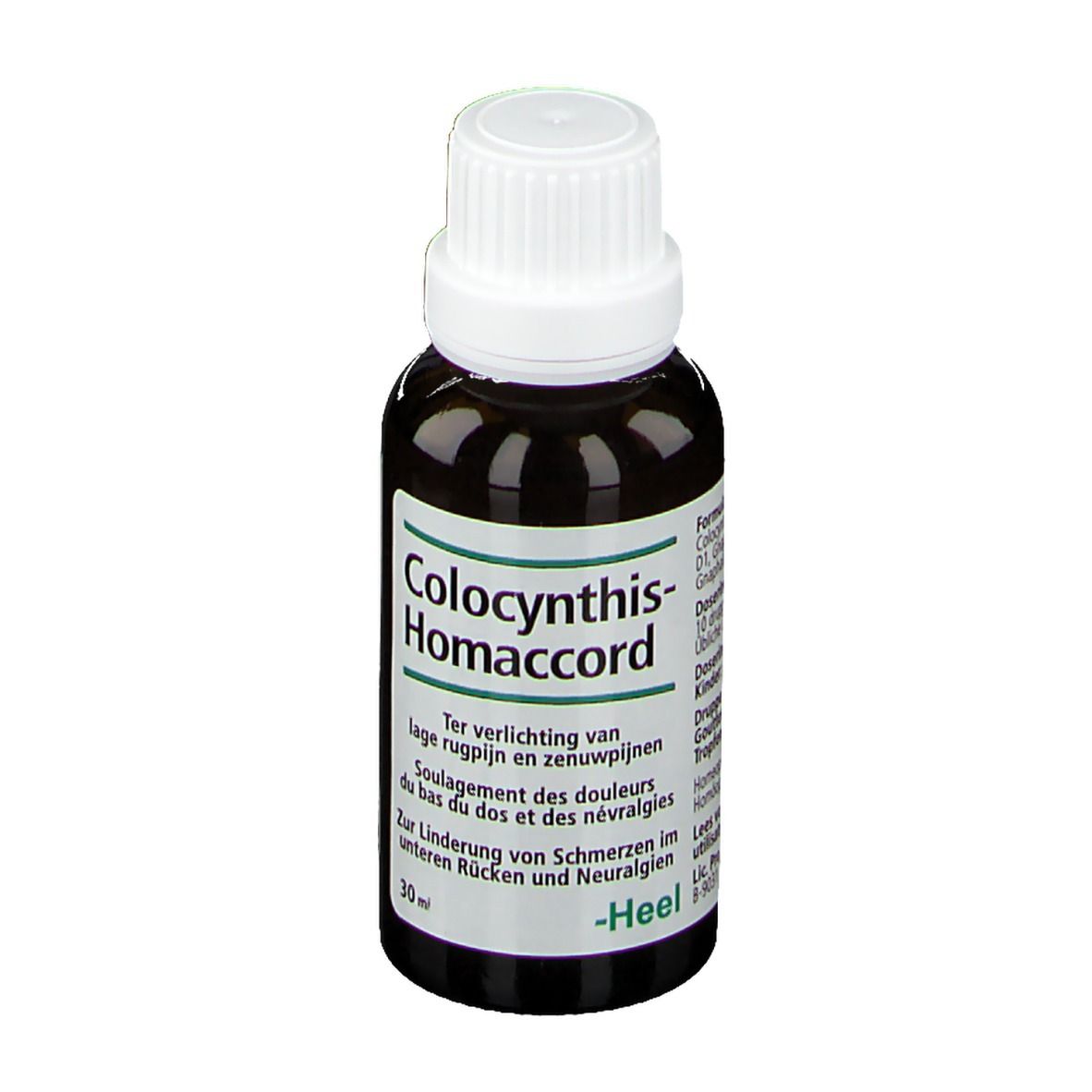 Flacon brun avec bouchon blanc. Inscription: Colocynthis-Homaccord, Heel. Texte en allemand, néerlandais et français.