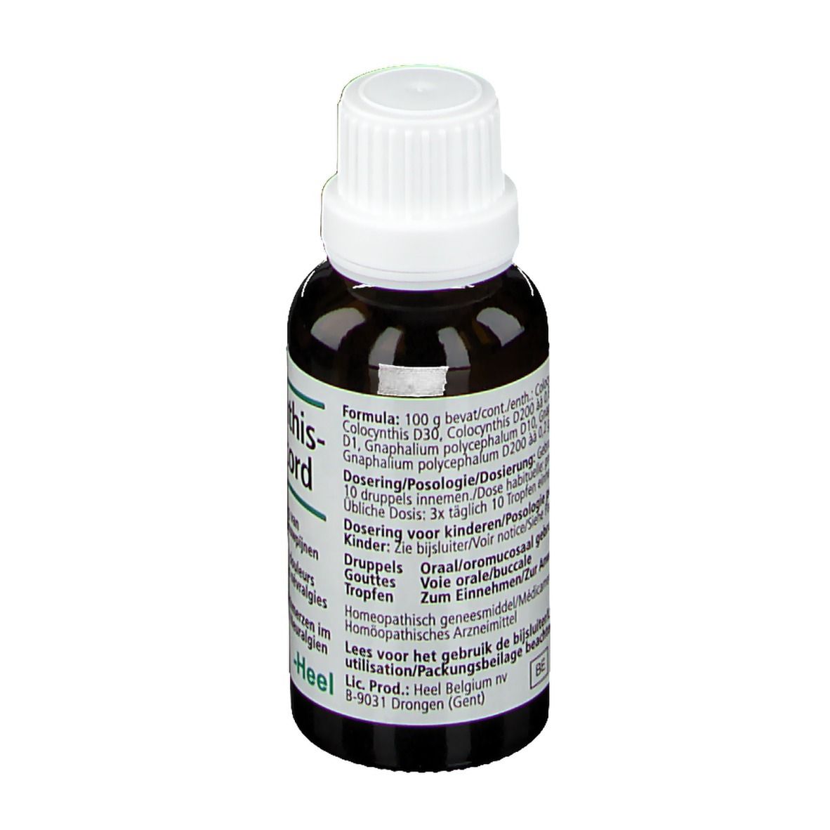 Flacon brun avec bouchon blanc. Inscription: Colocynthis-Homaccord, Heel. Texte avec ingrédients et posologie.