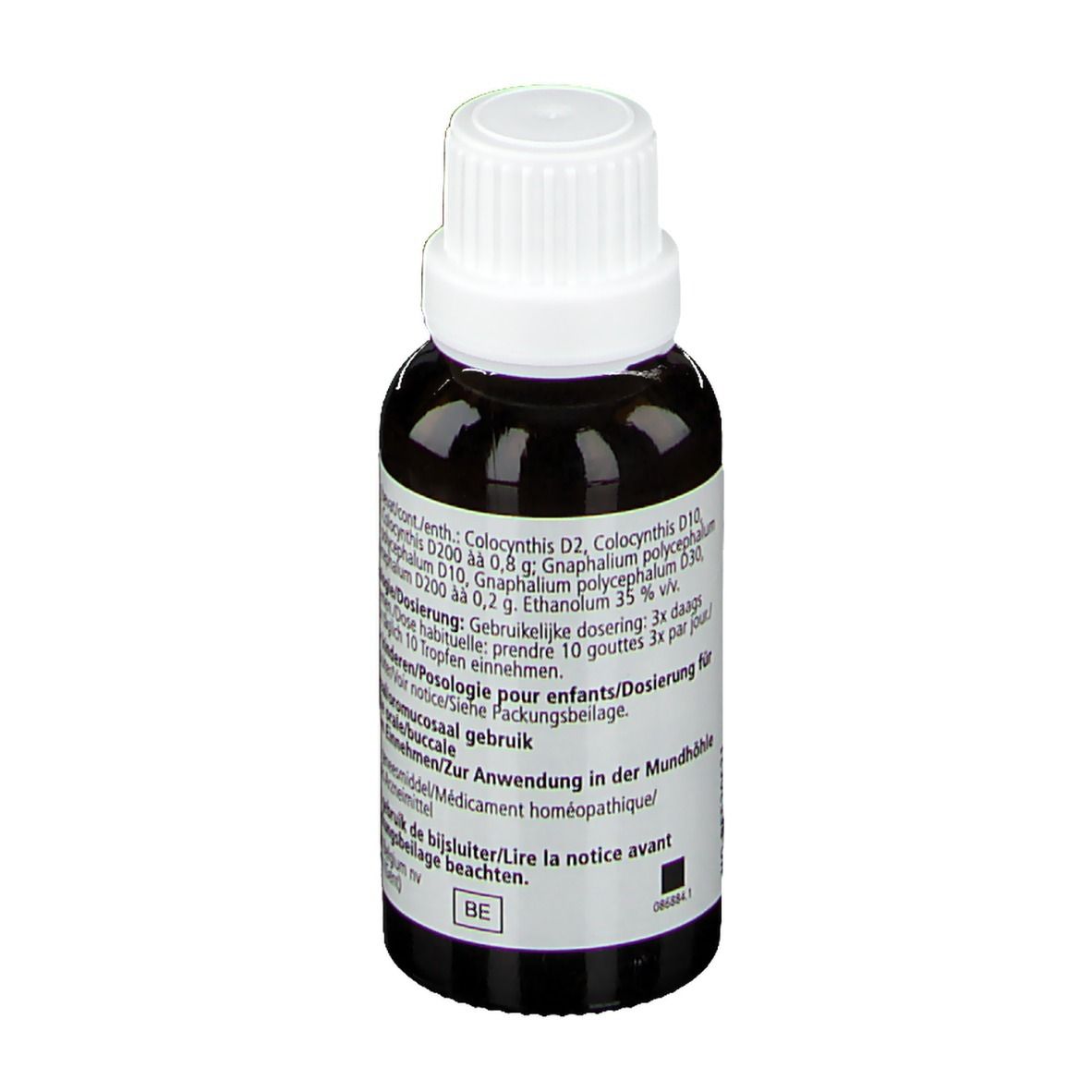 Flacon brun avec bouchon blanc. Inscription: Colocynthis-Homaccord, Heel. Texte avec ingrédients et posologie.