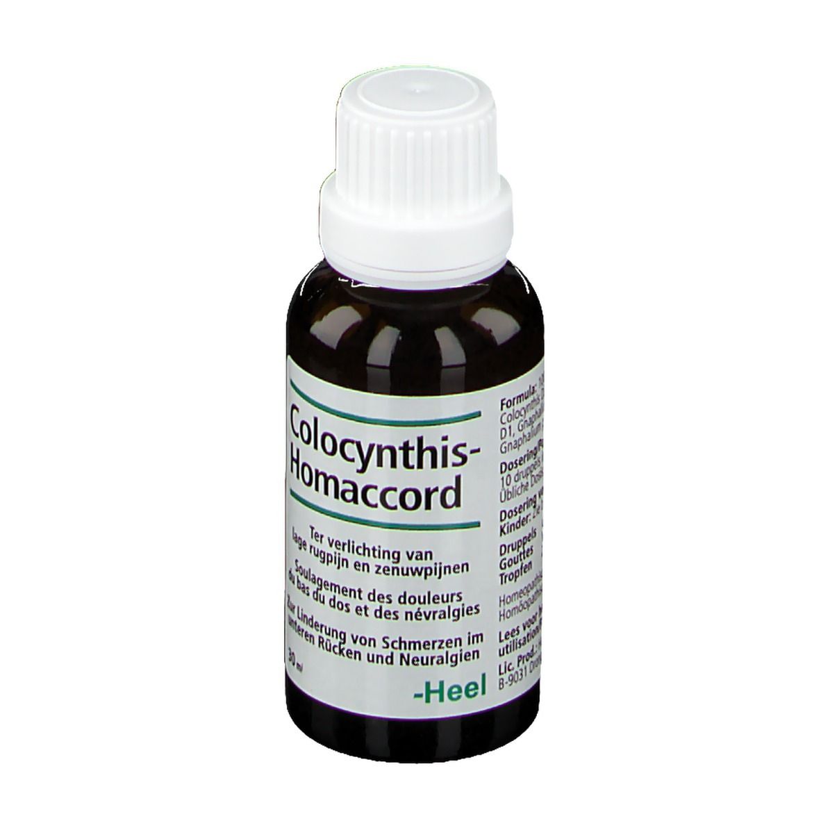 Flacon brun avec bouchon blanc. Inscription: Colocynthis-Homaccord, Heel. Texte avec ingrédients et posologie.