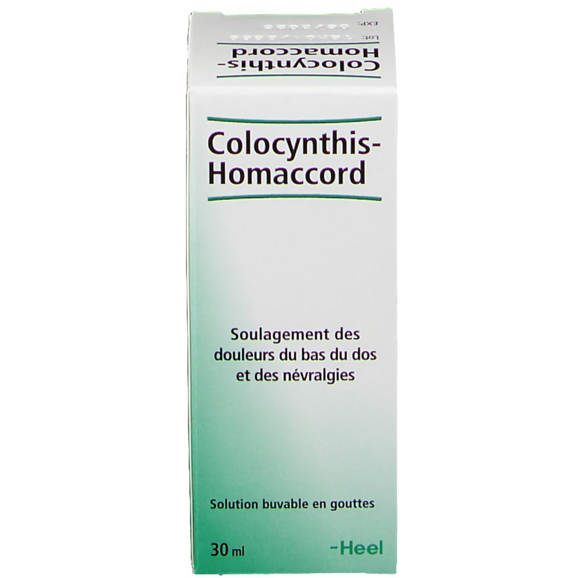 Emballage du produit. Inscription: Colocynthis-Homaccord, Heel. Texte en allemand, français et néerlandais.