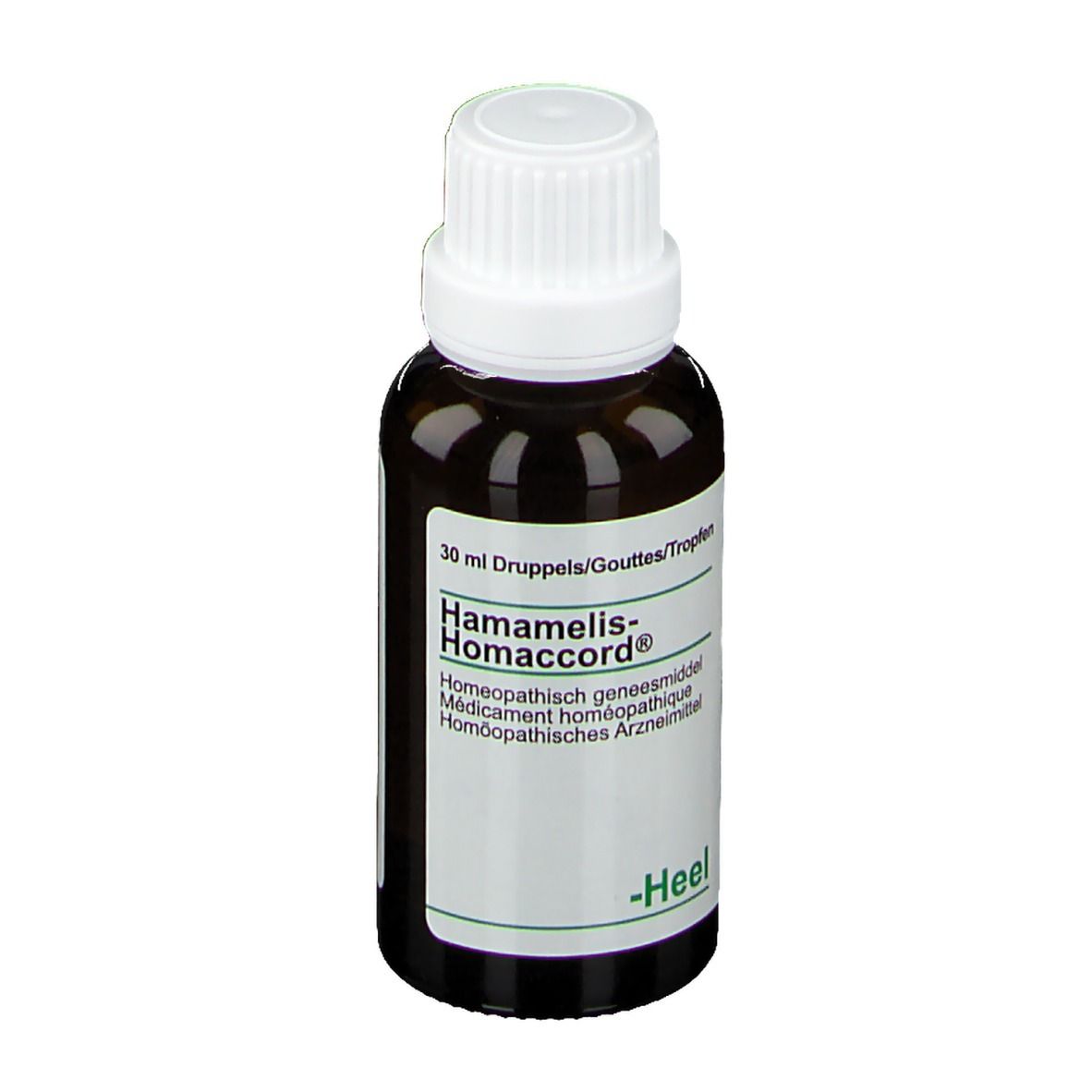 Bruine glazen fles met witte dop. Opschrift: Hamamelis-Homaccord, 30 ml, Heel.