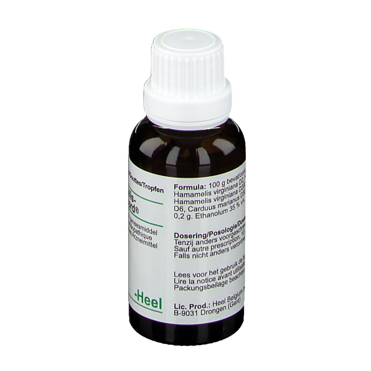 Bruine glazen fles met witte dop. Opschrift: Ingrediënten, dosering, Heel.