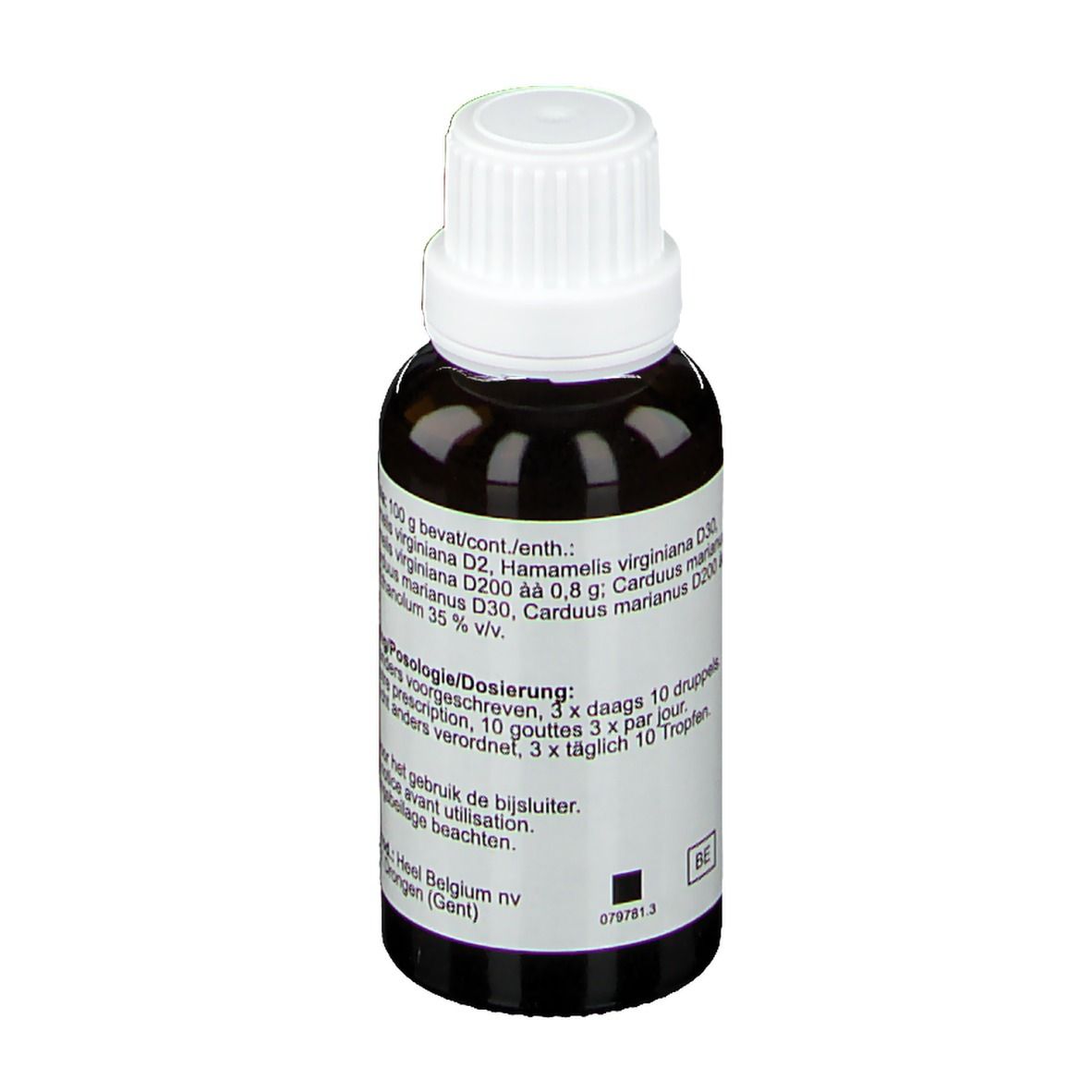 Bruine glazen fles met witte dop. Opschrift: Dosering, ingrediënten, Heel.