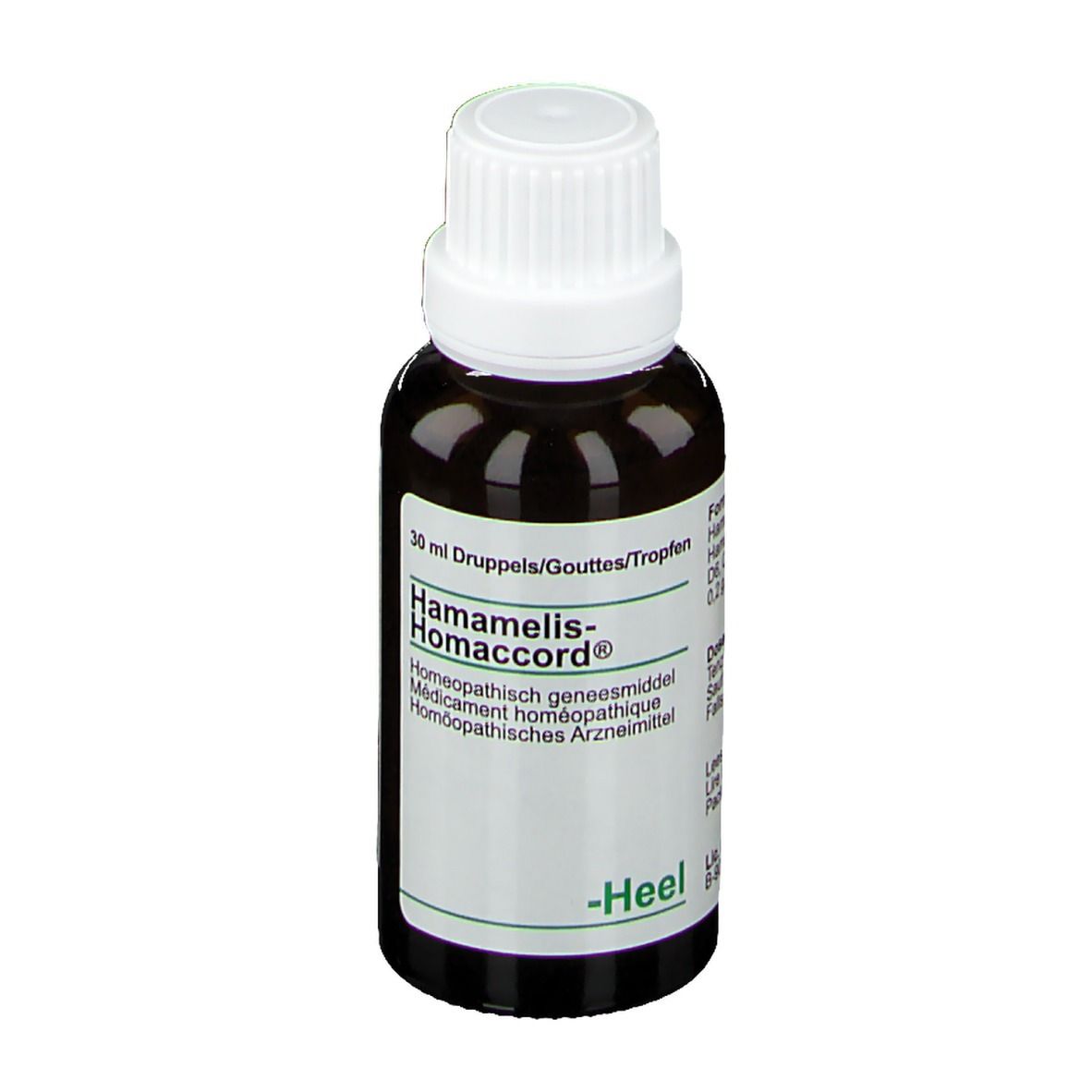 Bruine glazen fles met witte dop. Opschrift: Hamamelis-Homaccord, 30 ml, Heel.