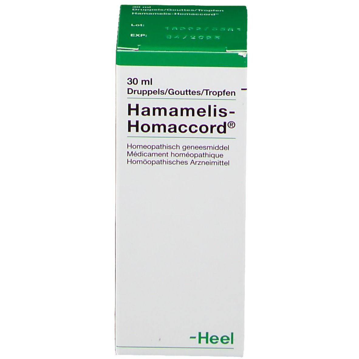 Productverpakking. Opschrift: Hamamelis-Homaccord, 30 ml, Heel.