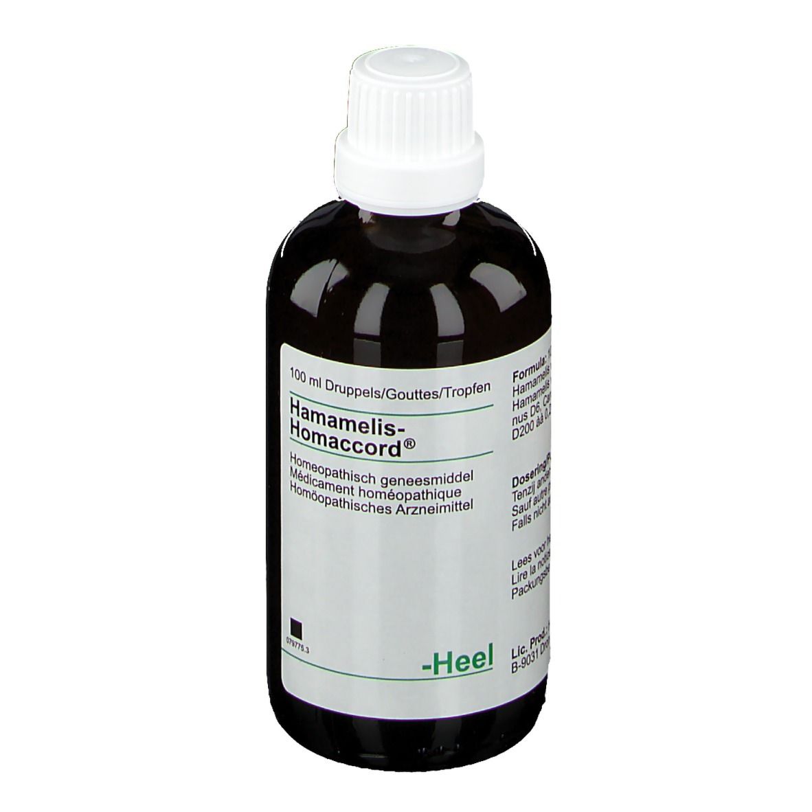 Bruine glazen fles met witte dop. Etiket met productnaam Hamamelis-Homaccord en Heel-logo.