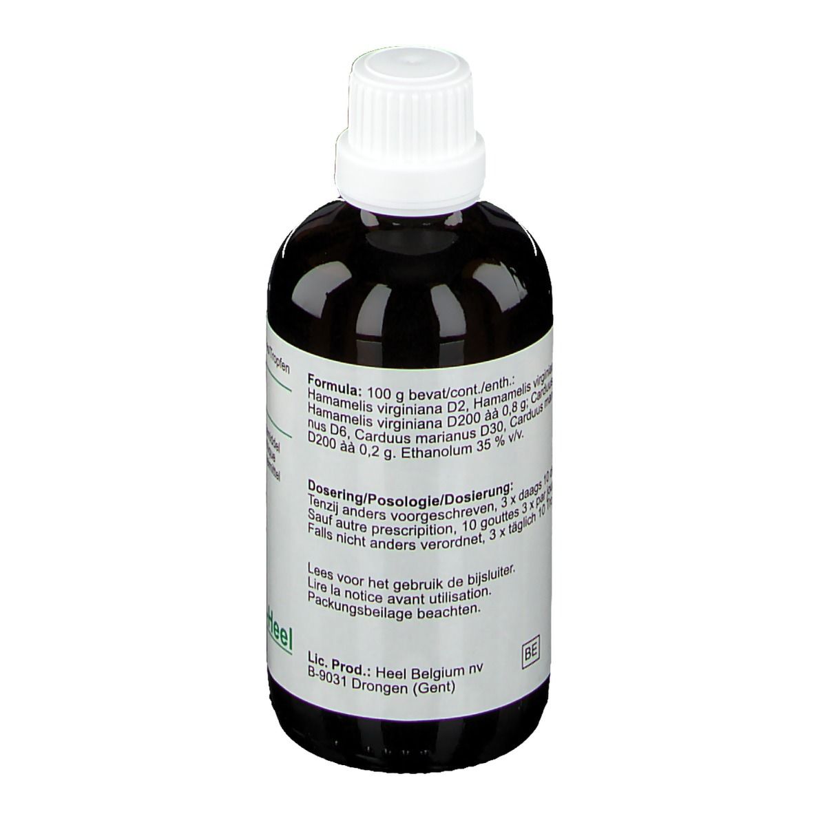 Achterkant van de bruine fles. Etiket met ingrediënten, dosering en fabrikantinfo.