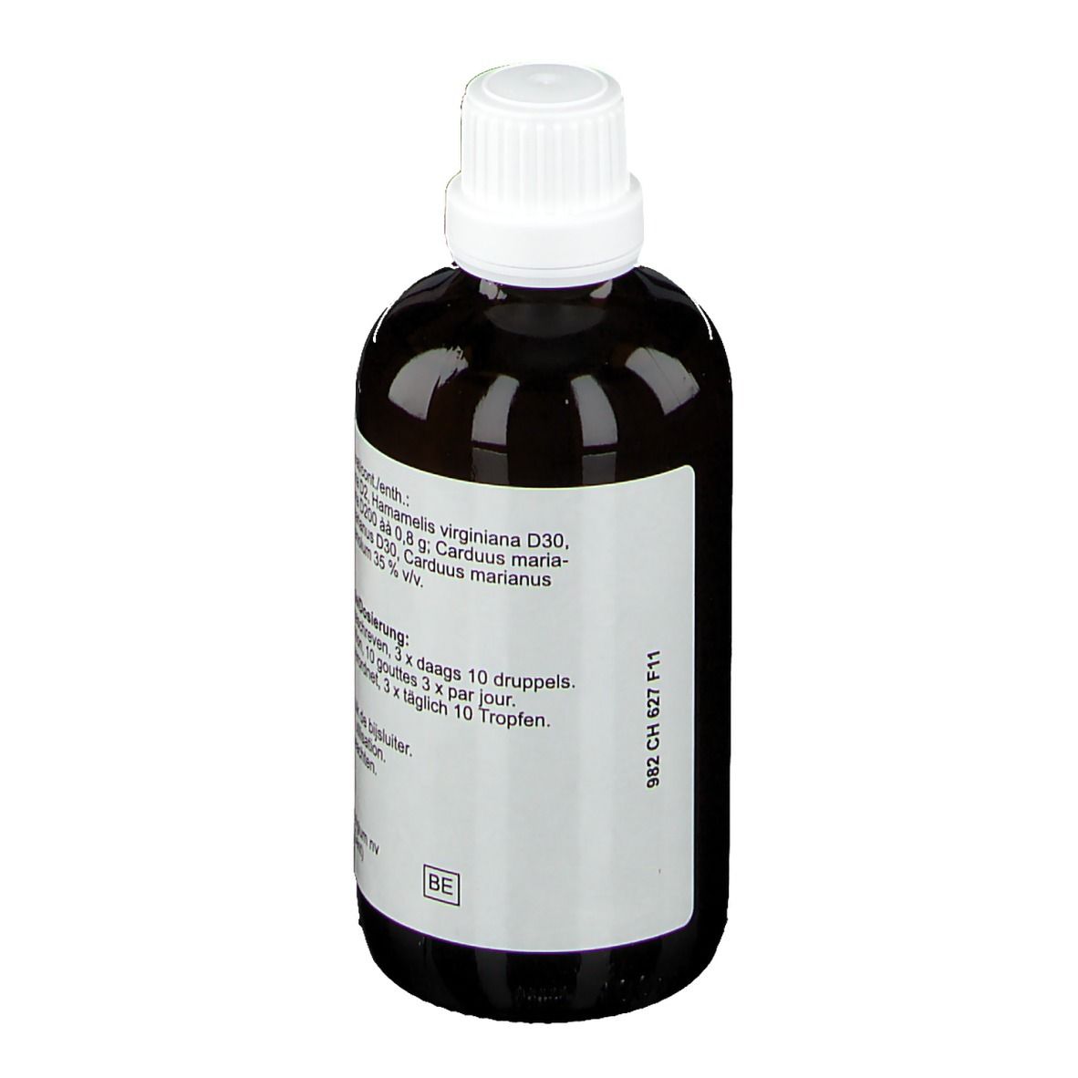 Bruine fles met witte dop. Etiket met productinfo en batchnummer.