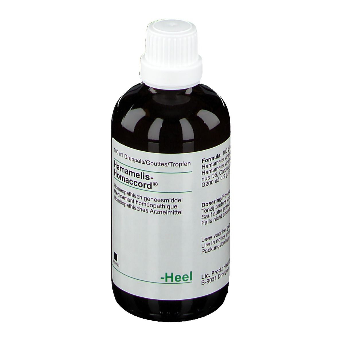 Bruine fles met witte dop. Etiket met productnaam, ingrediënten en Heel-logo.