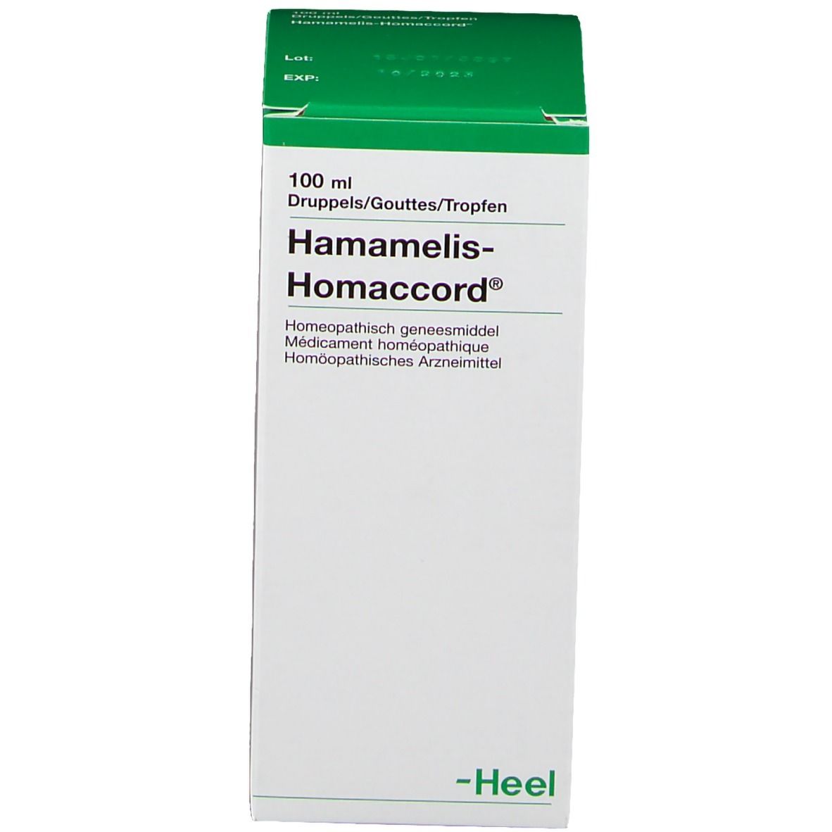 Groene doos met productnaam Hamamelis-Homaccord en Heel-logo.