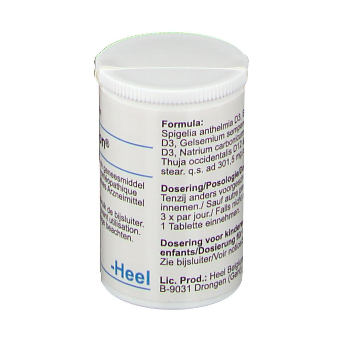 Boîte blanche de comprimés avec couvercle. Inscription : Spigelon. Ingrédients et dosage au dos. Marque Heel.