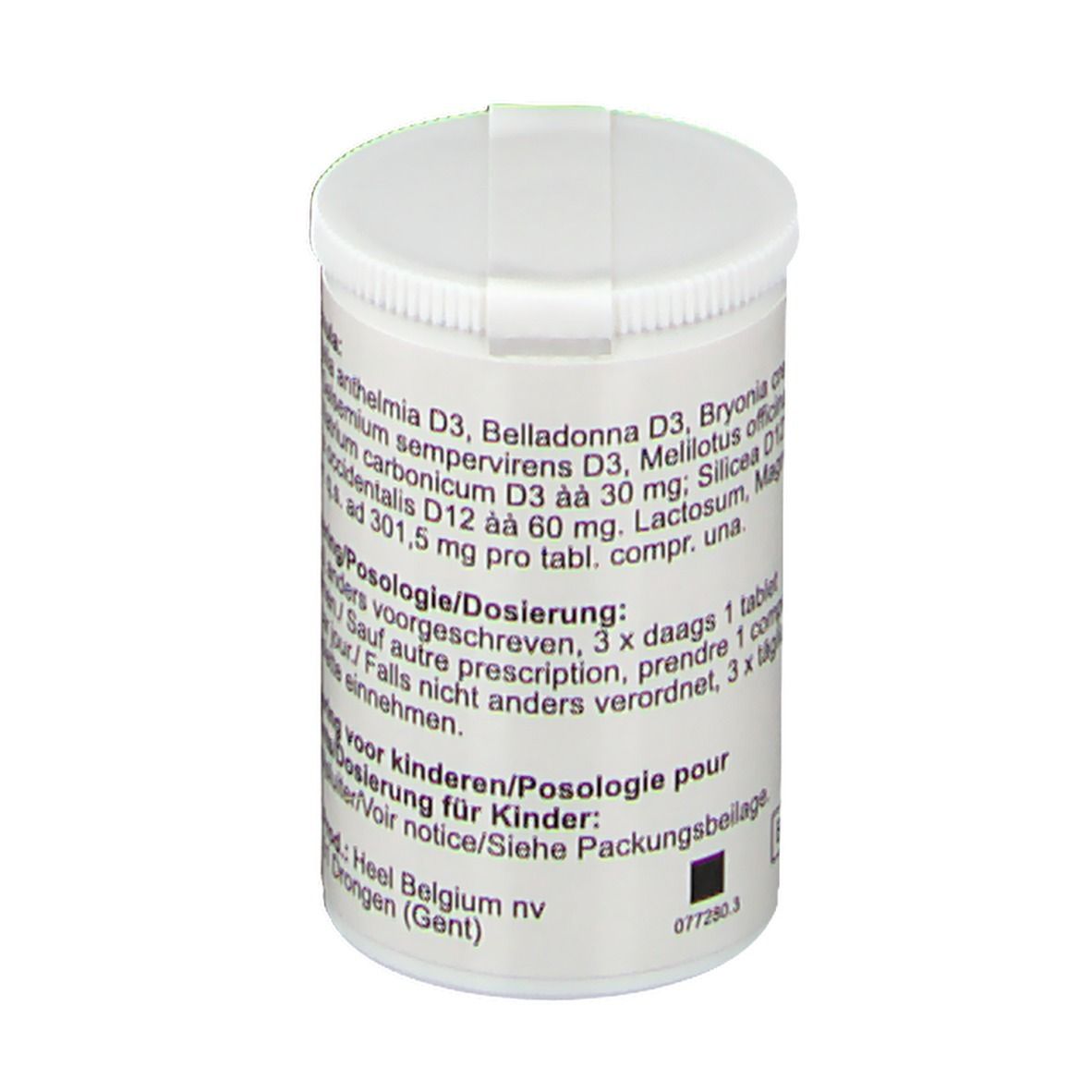 Boîte blanche de comprimés avec couvercle. Inscription : Spigelon. Ingrédients et dosage au dos. Marque Heel.