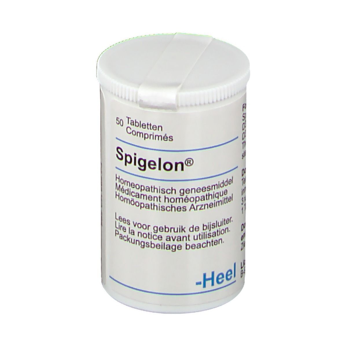 Boîte blanche de comprimés avec couvercle. Inscription : Spigelon, 50 comprimés. Marque Heel.