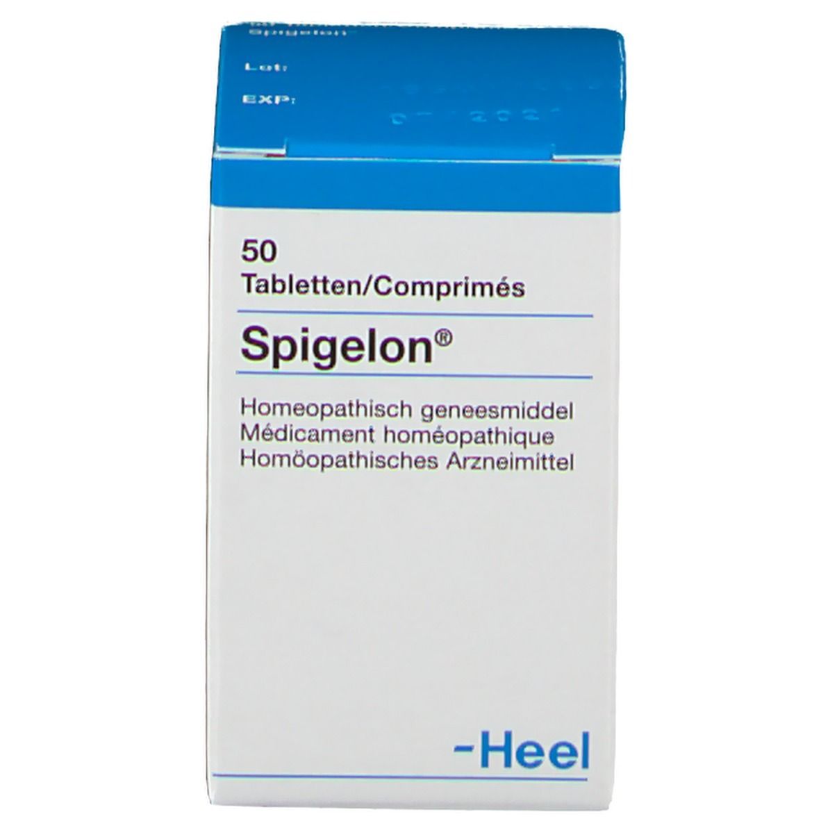 Boîte bleue. Inscription : Spigelon, 50 comprimés. Marque Heel.