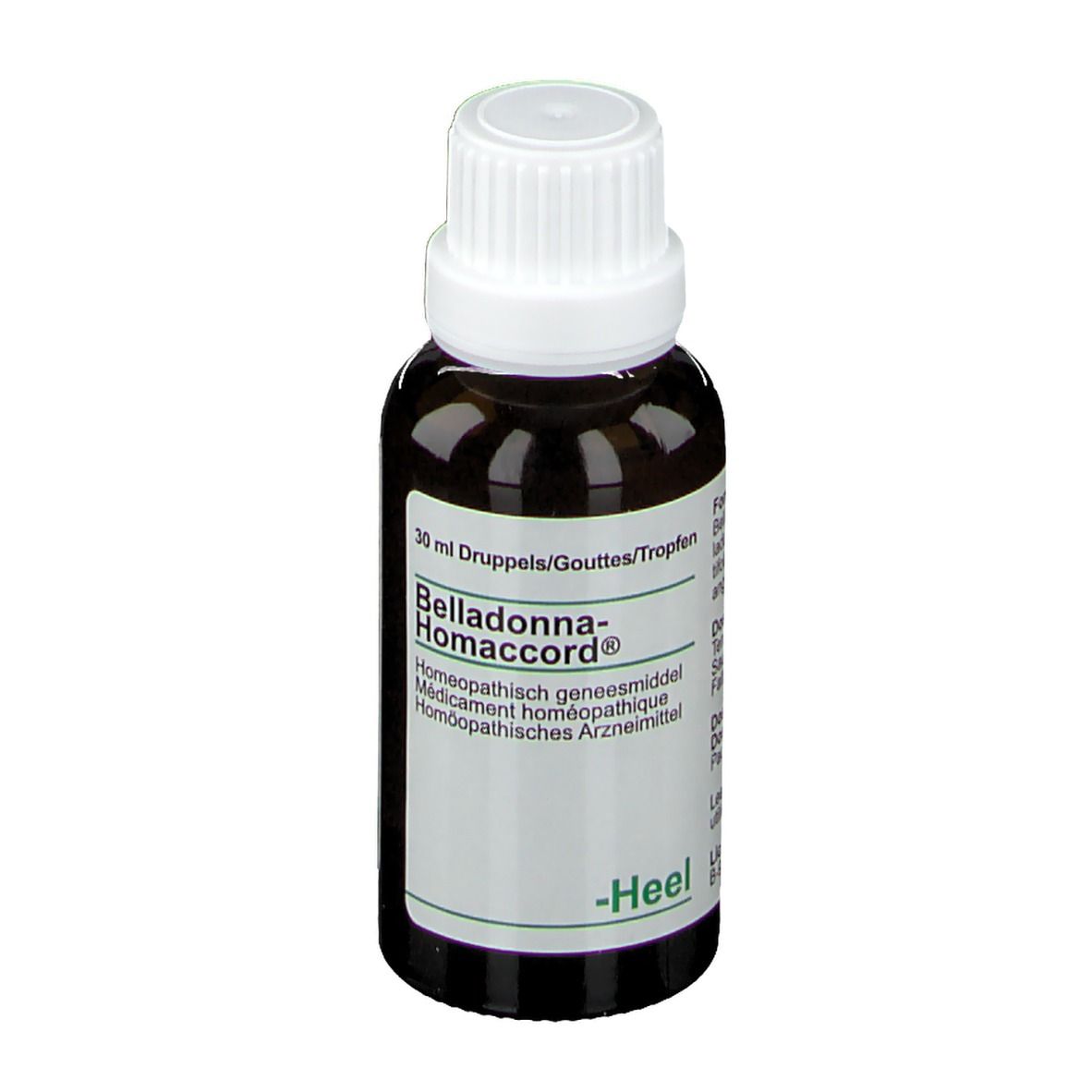 Flacon en verre brun avec bouchon blanc. Étiquette avec nom du produit et fabricant. 30 ml gouttes.