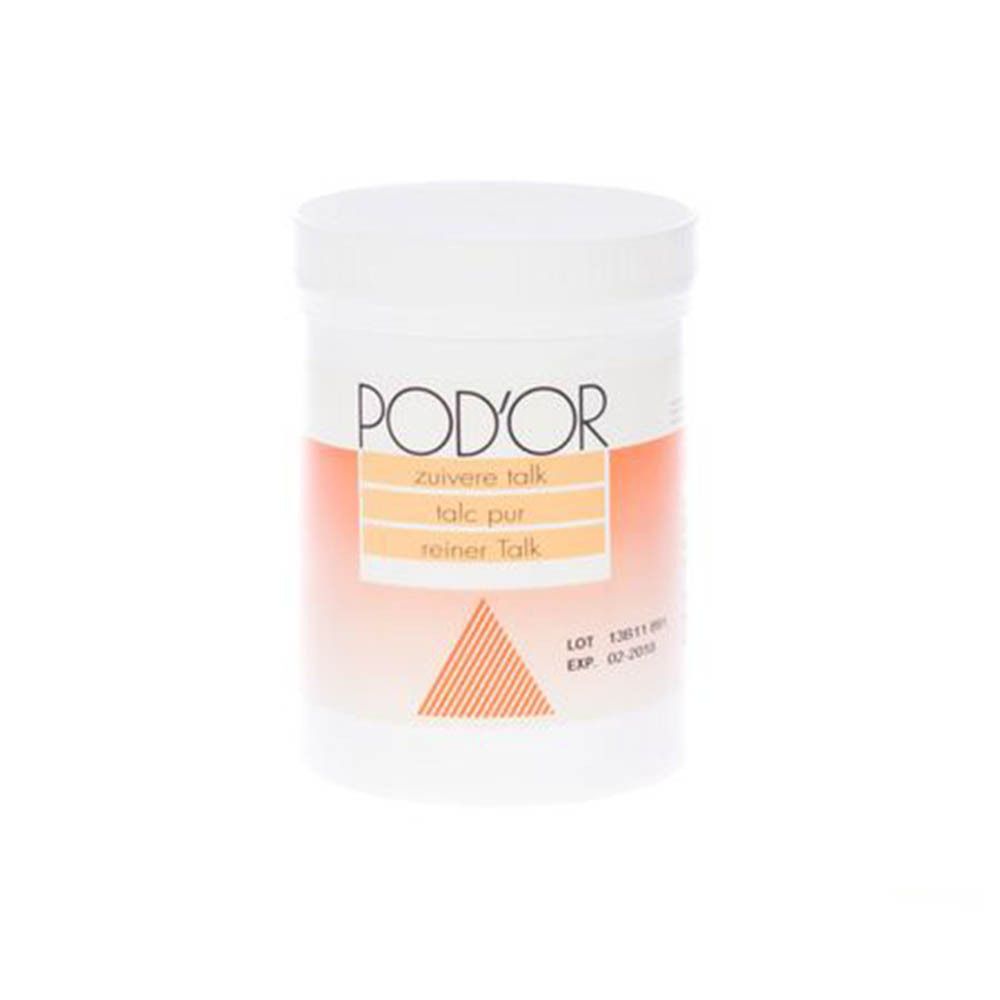 Pot blanc de talc POD'OR. Inscriptions: zuivere talk, talc pur, reiner Talk. Expiration 02-2010.