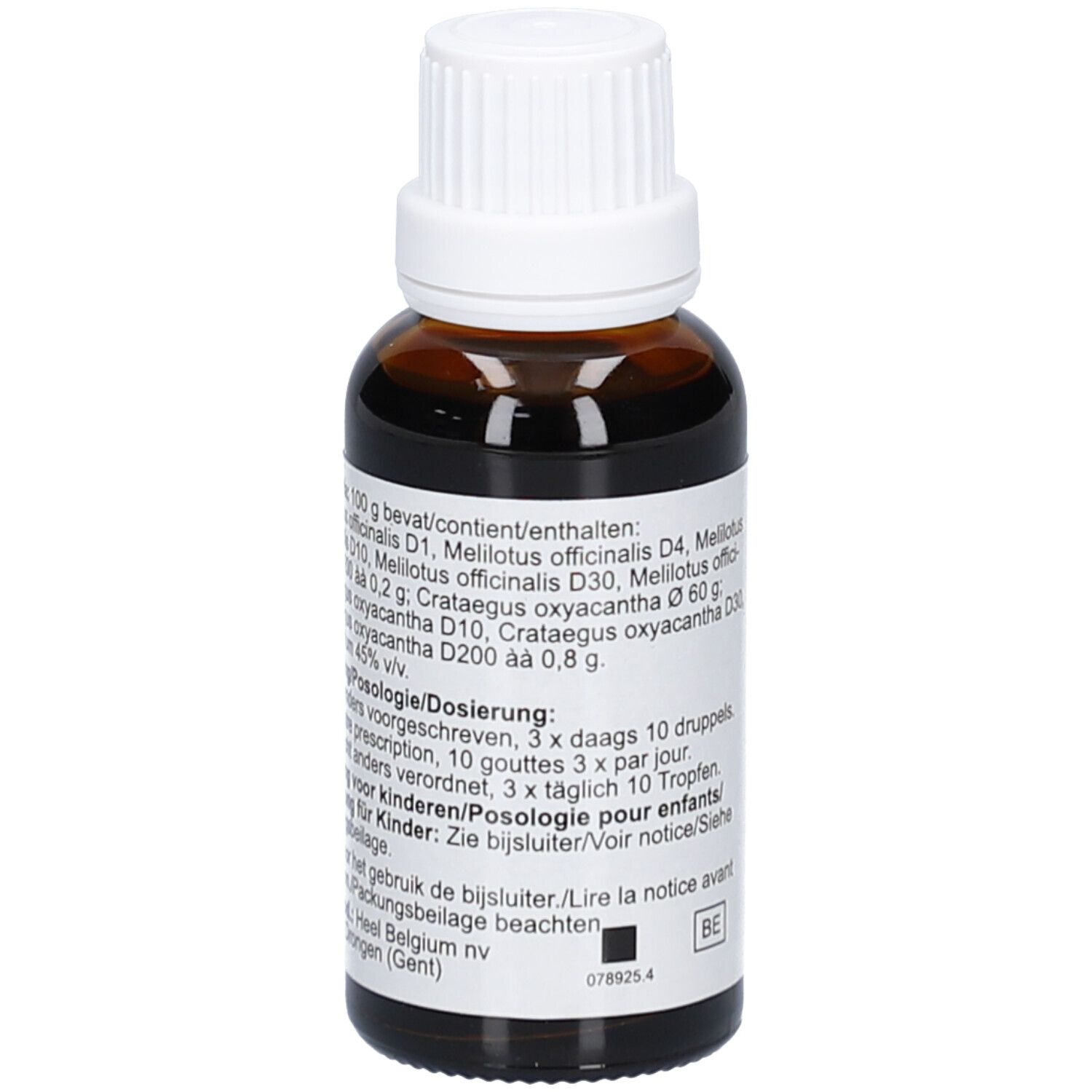 Bruine glazen fles met witte dop. Etiket met productinformatie. Opschrift: Melilotus-Homeaccord.