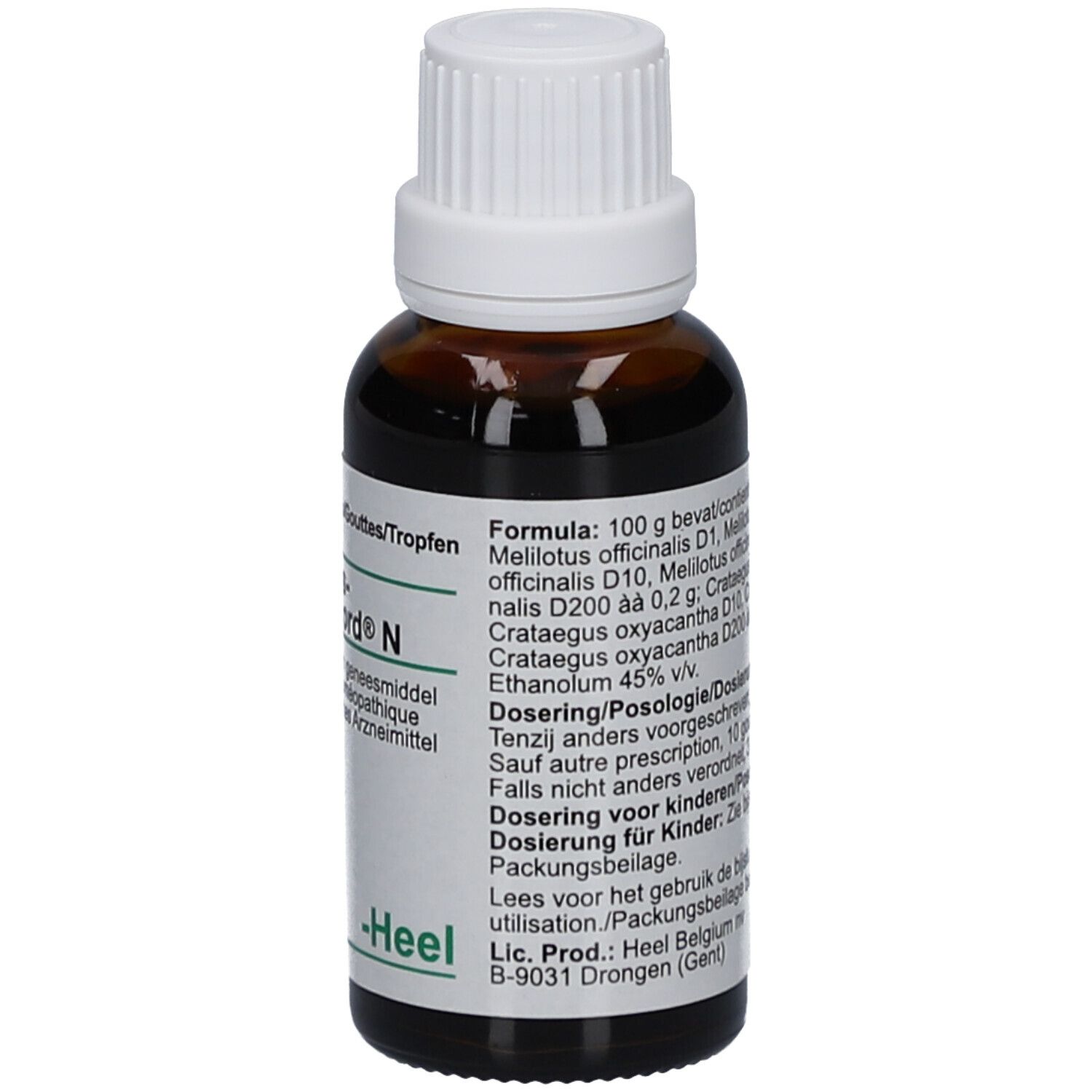 Bruine glazen fles met witte dop. Etiket met productinformatie. Opschrift: Melilotus-Homeaccord.