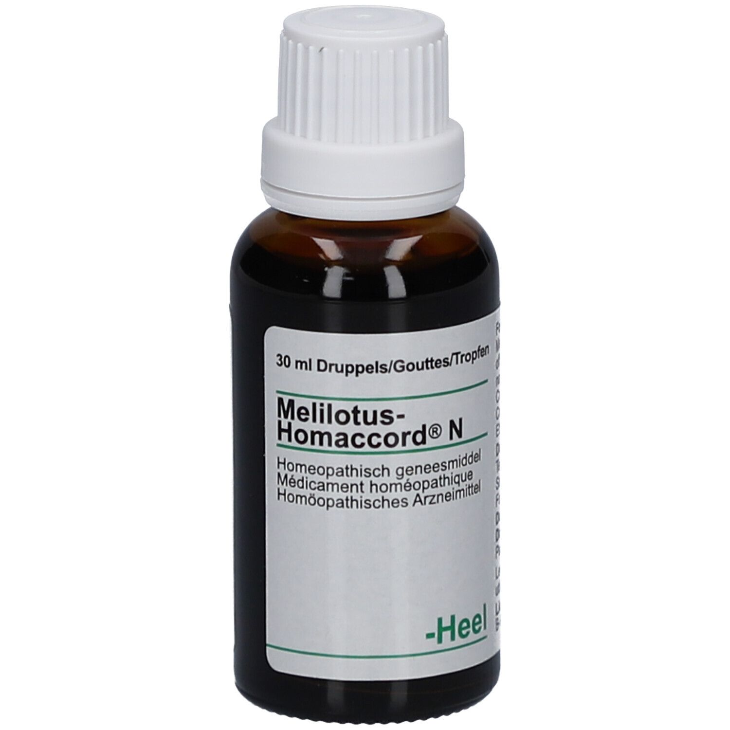 Bruine glazen fles met witte dop. Etiket met productinformatie. Opschrift: Melilotus-Homeaccord.