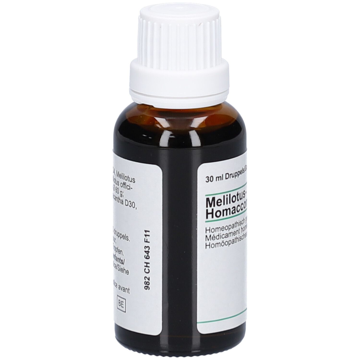 Bruine glazen fles met witte dop. Etiket met productinformatie. Opschrift: Melilotus-Homeaccord.