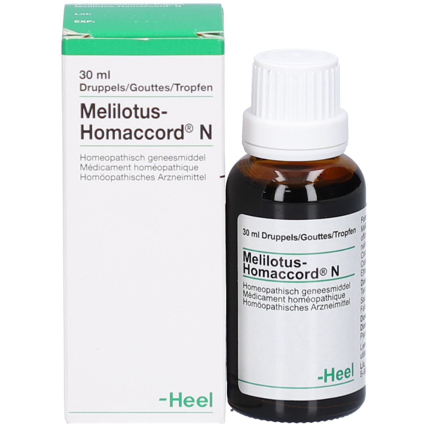 Productfles en verpakking. Fles: bruin glas, witte dop. Verpakking: wit, groen. Opschrift: Melilotus-Homeaccord.