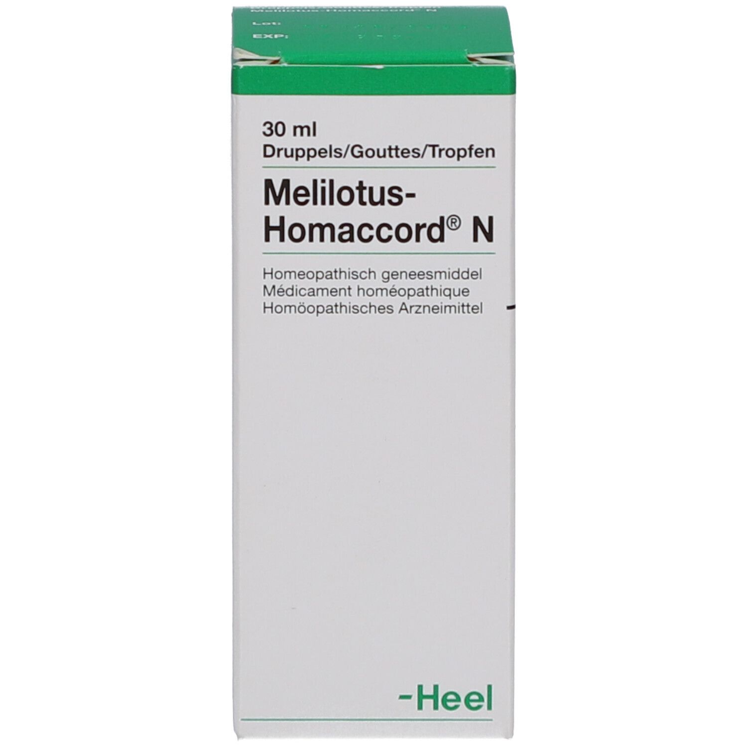 Witte verpakking met groene bovenkant. Opschrift: Melilotus-Homeaccord. Logo -Heel.