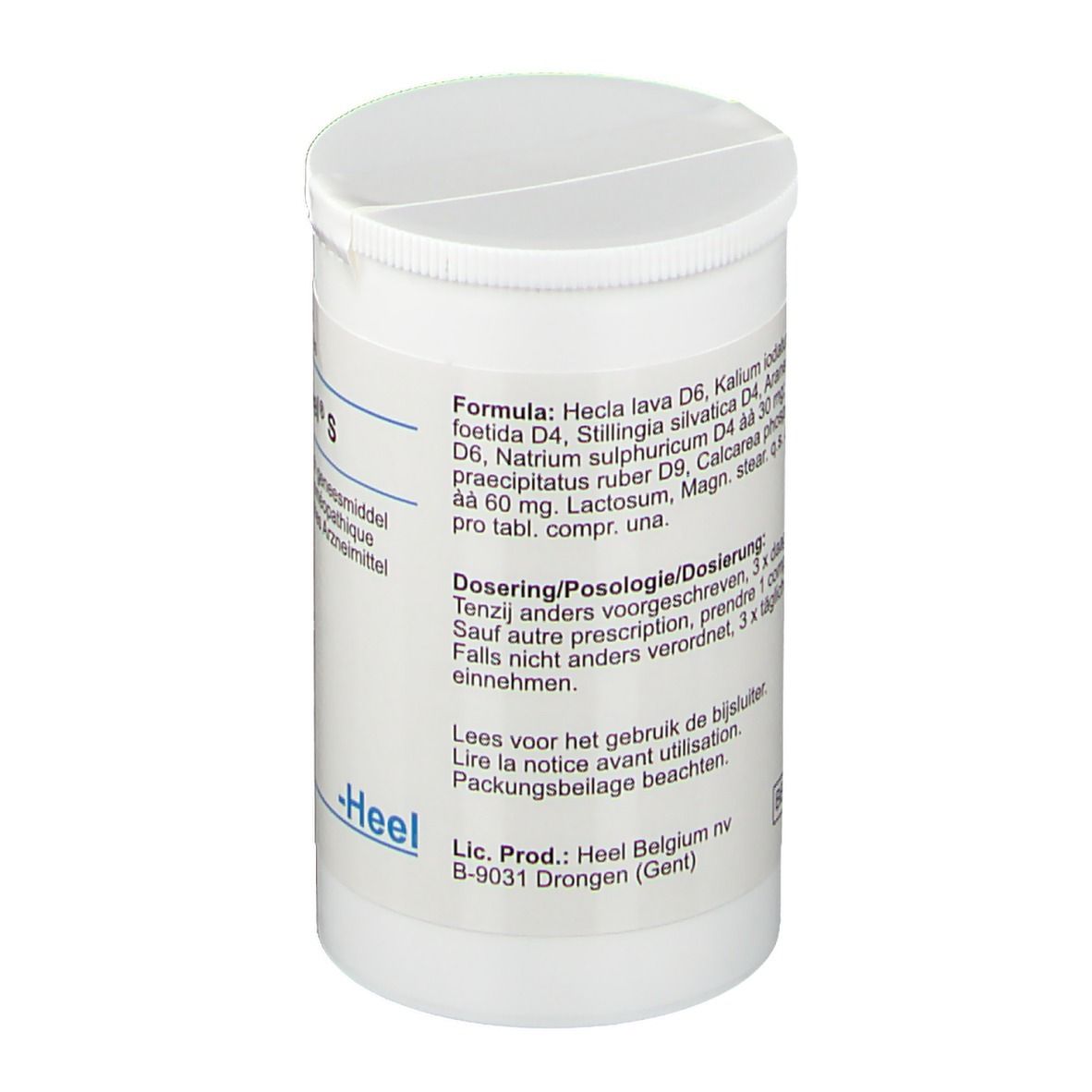 Boîte blanche de comprimés avec couvercle. Inscription : Formule, Posologie. Marque -Heel-.