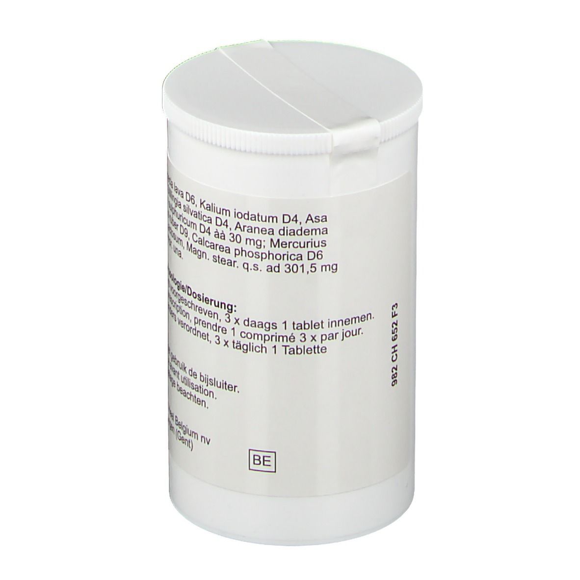 Boîte blanche de comprimés avec couvercle. Inscription : Formule, Posologie. Marque -Heel-.