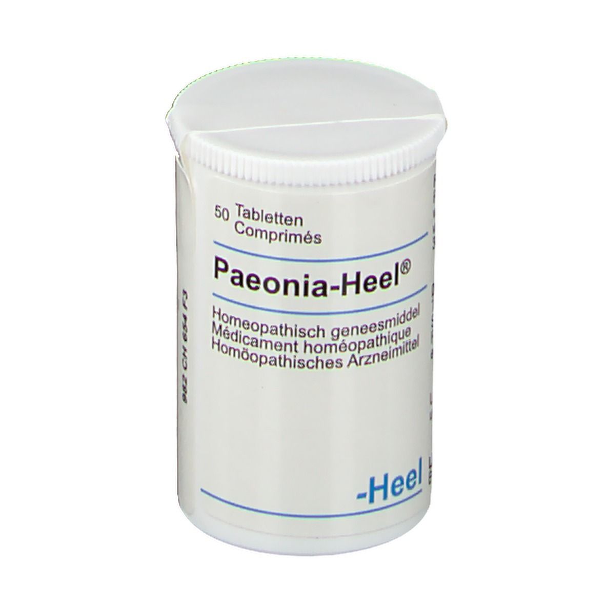 Boîte blanche de comprimés avec couvercle. Inscription: Paeonia-Heel, 50 comprimés. Médicament homéopathique. Marque: Heel.