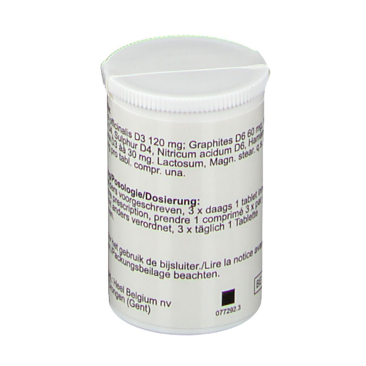 Boîte blanche de comprimés avec couvercle. Inscription: Paeonia-Heel. Contient ingrédients et posologie. Marque: Heel.