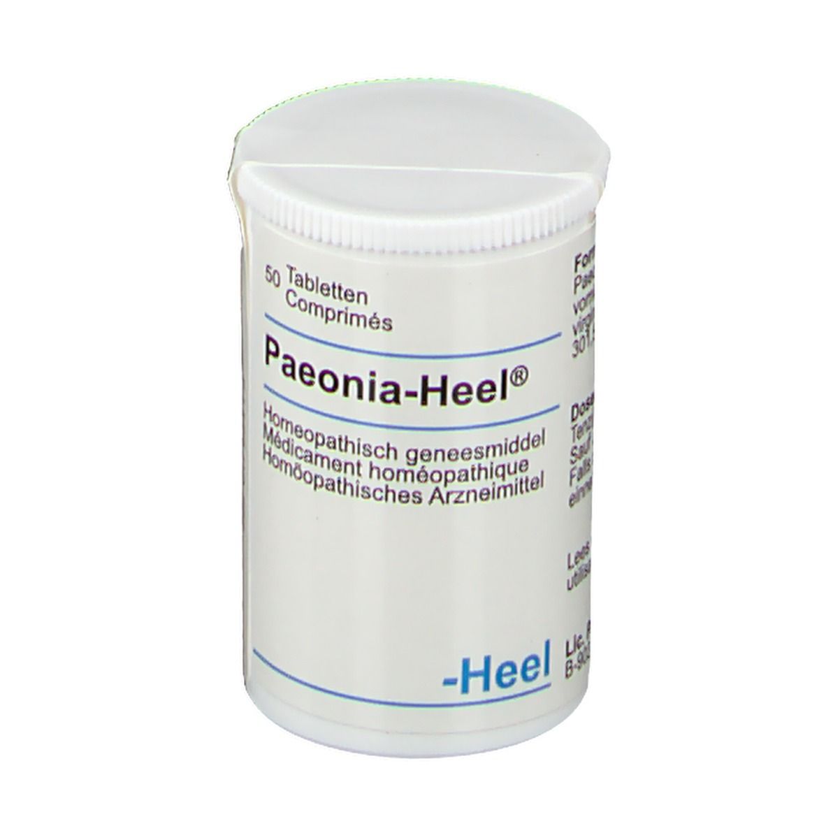 Boîte blanche de comprimés avec couvercle. Inscription: Paeonia-Heel, 50 comprimés. Médicament homéopathique. Marque: Heel.