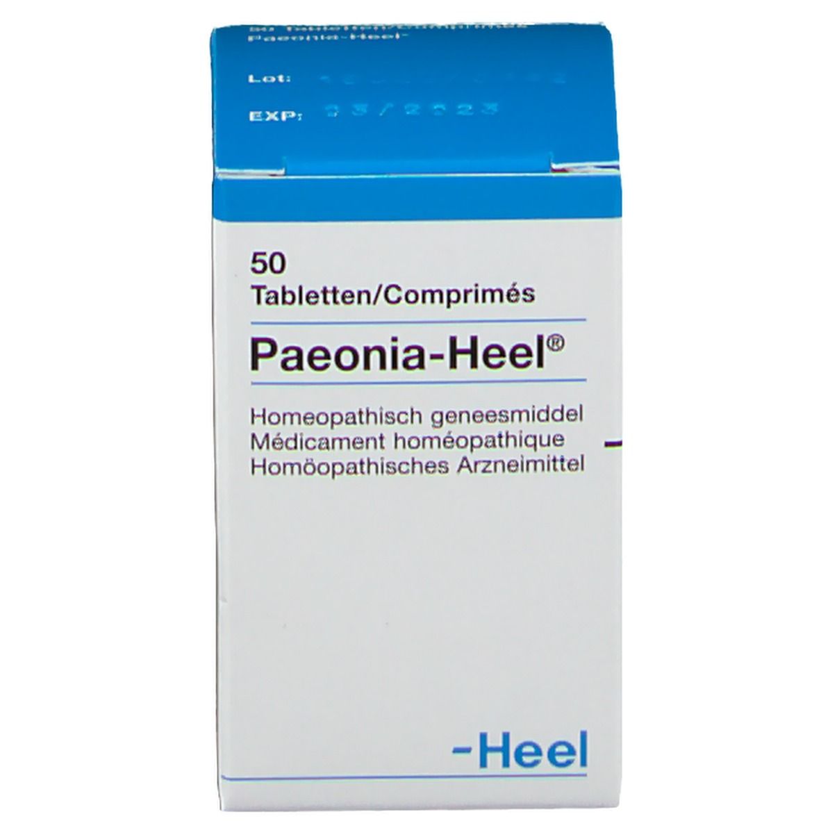 Boîte bleue avec inscription: Paeonia-Heel, 50 comprimés. Médicament homéopathique. Marque: Heel.