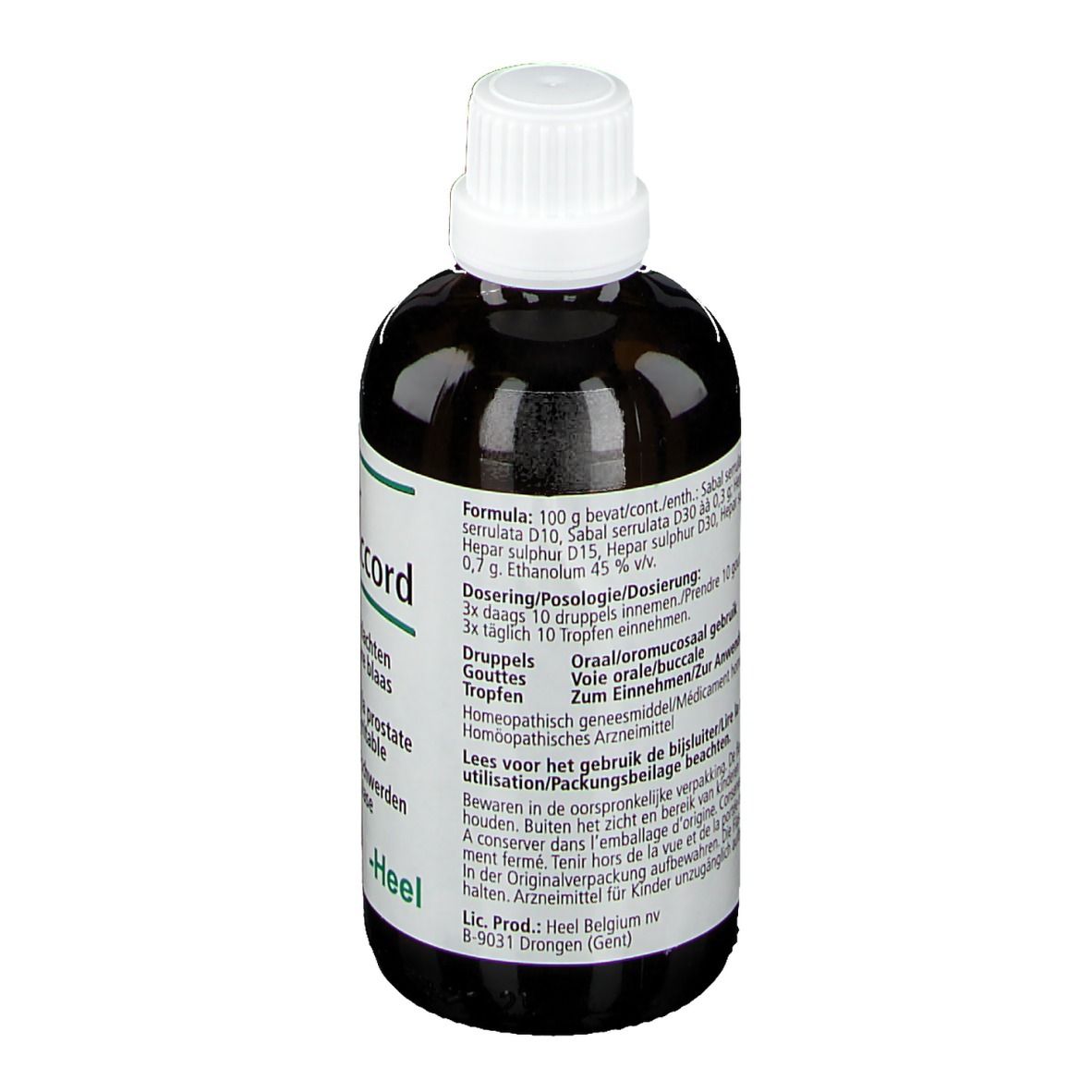 Bruine vloeistof in een fles met witte dop. Opschrift: Sabal-Homaccord, -Heel. Tekst op etiket.