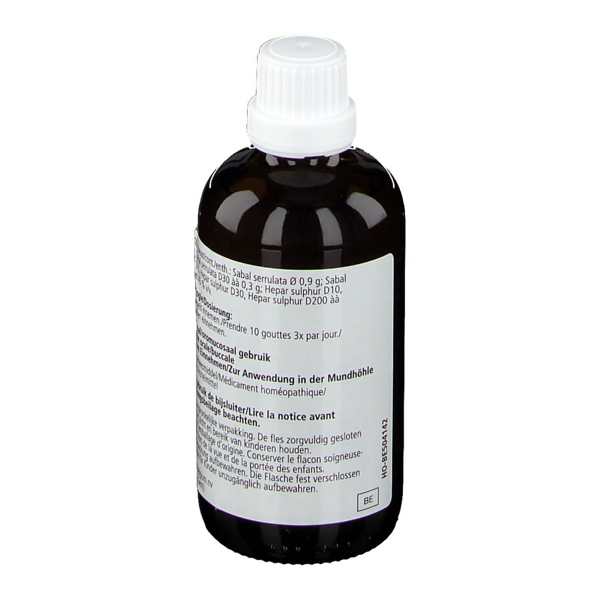 Bruine vloeistof in een fles met witte dop. Opschrift: Sabal-Homaccord, -Heel. Tekst op etiket.