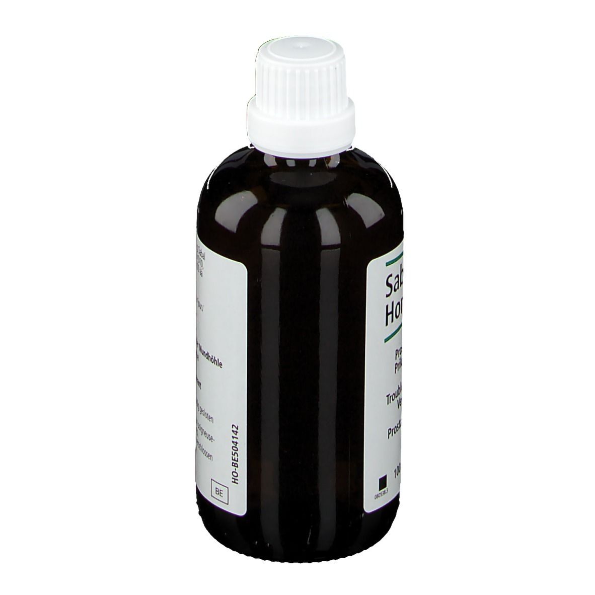 Bruine vloeistof in een fles met witte dop. Opschrift: Sabal-Homaccord, -Heel. Tekst op etiket.