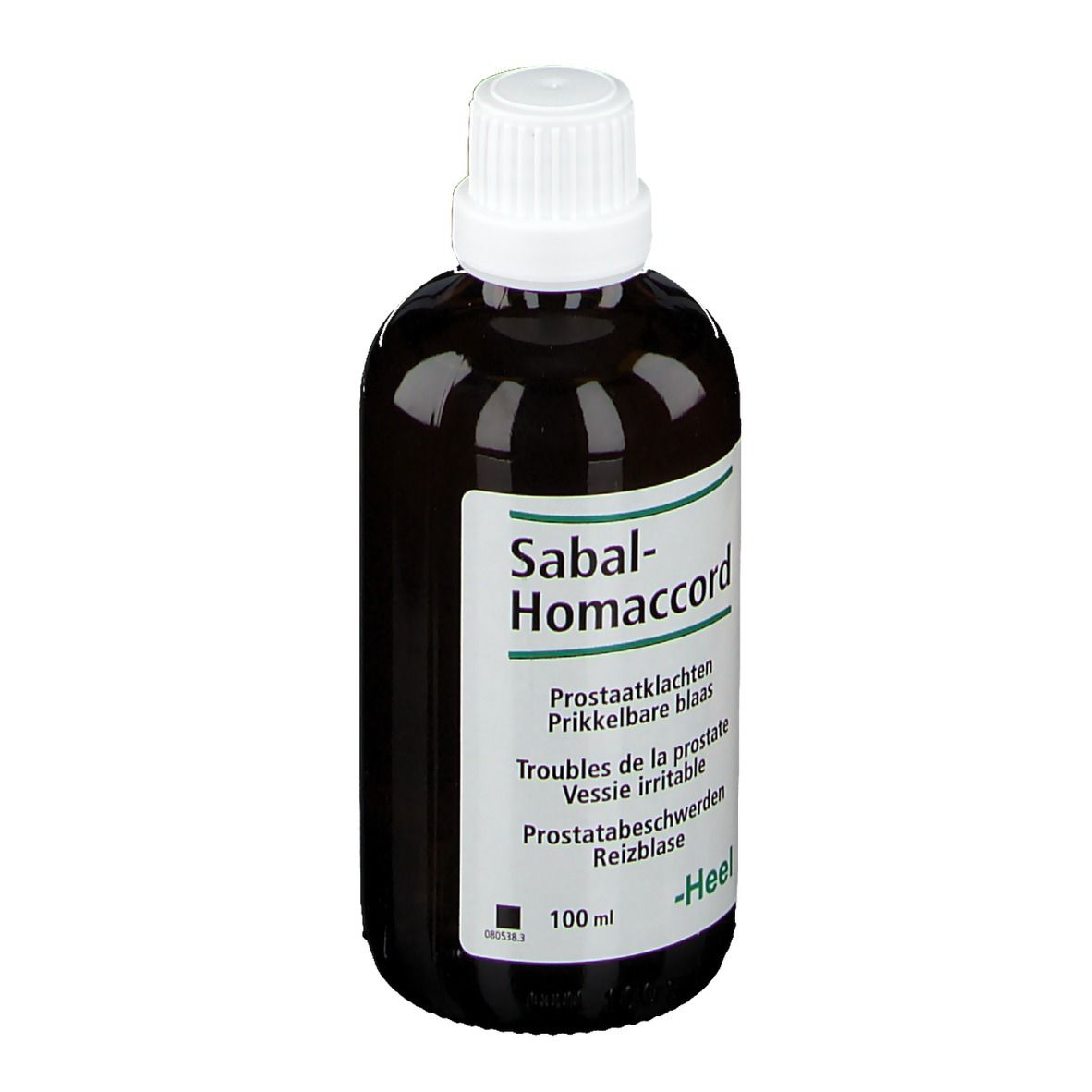 Bruine vloeistof in een fles met witte dop. Opschrift: Sabal-Homaccord, -Heel. 100 ml.