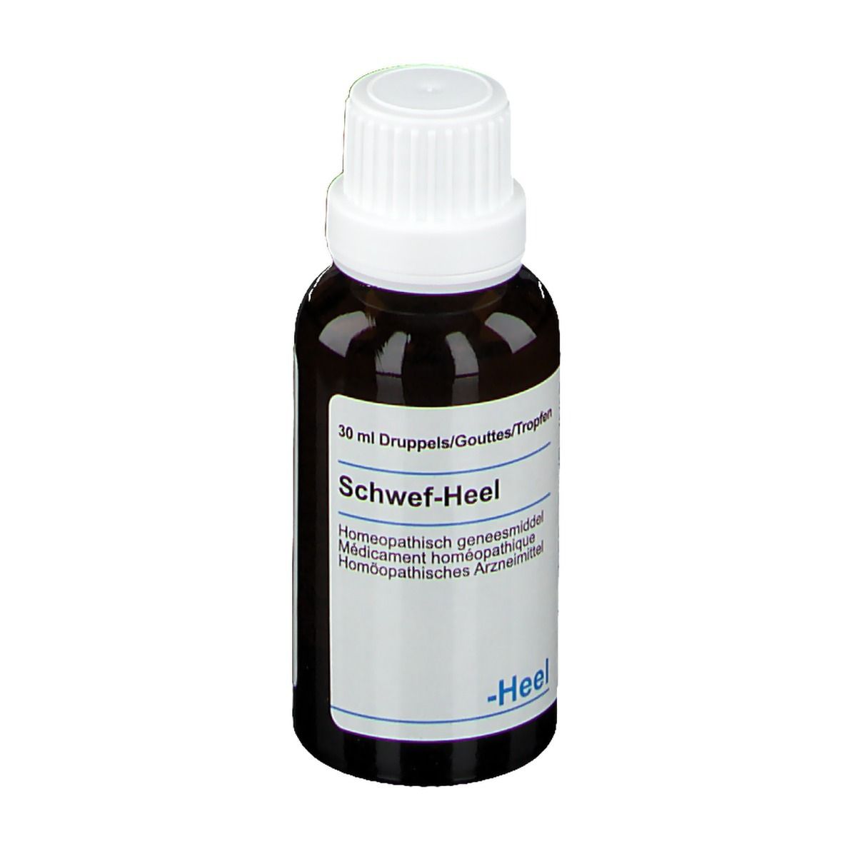 Flacon en verre brun avec bouchon blanc. Étiquette avec nom du produit et texte. Marque: -Heel.