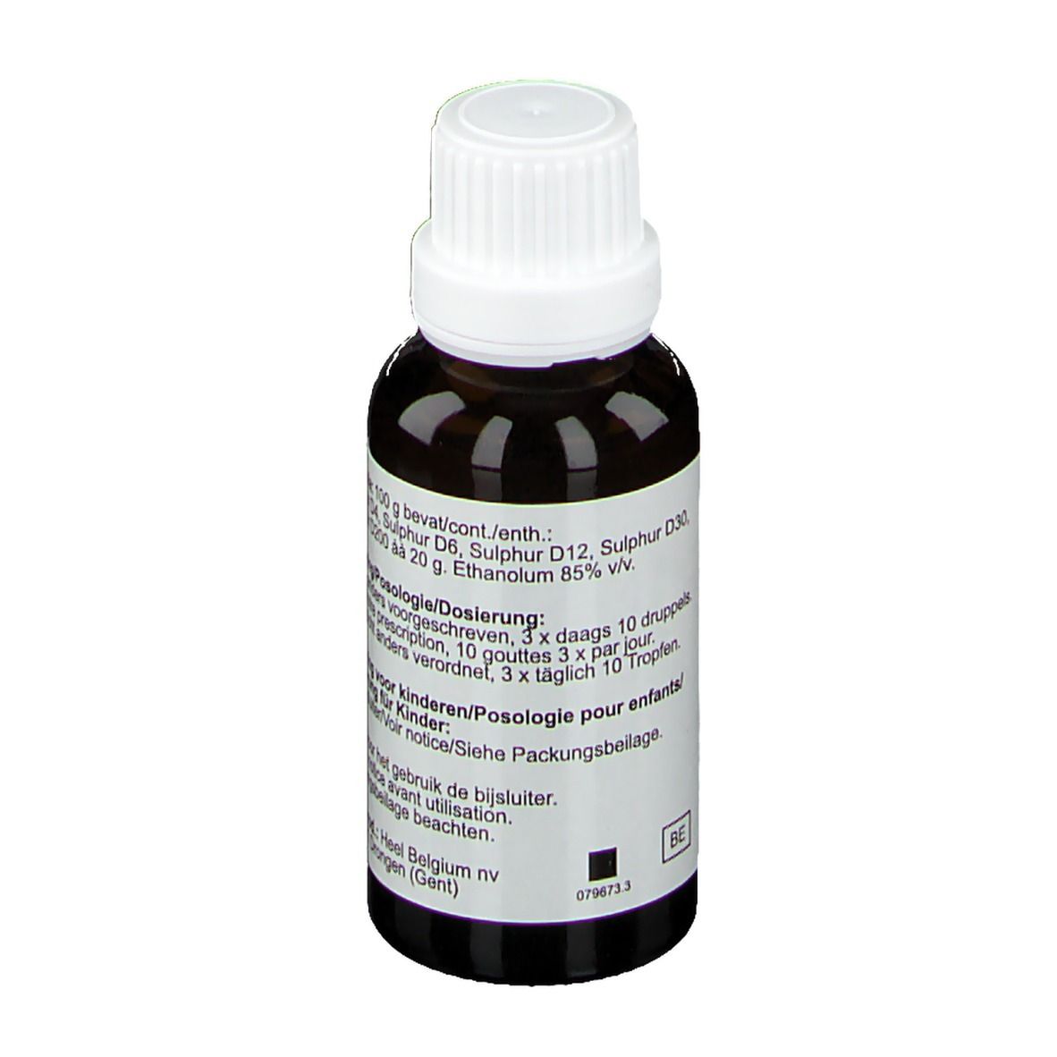 Flacon en verre brun avec bouchon blanc. Étiquette avec informations sur le produit et texte. Marque: -Heel.