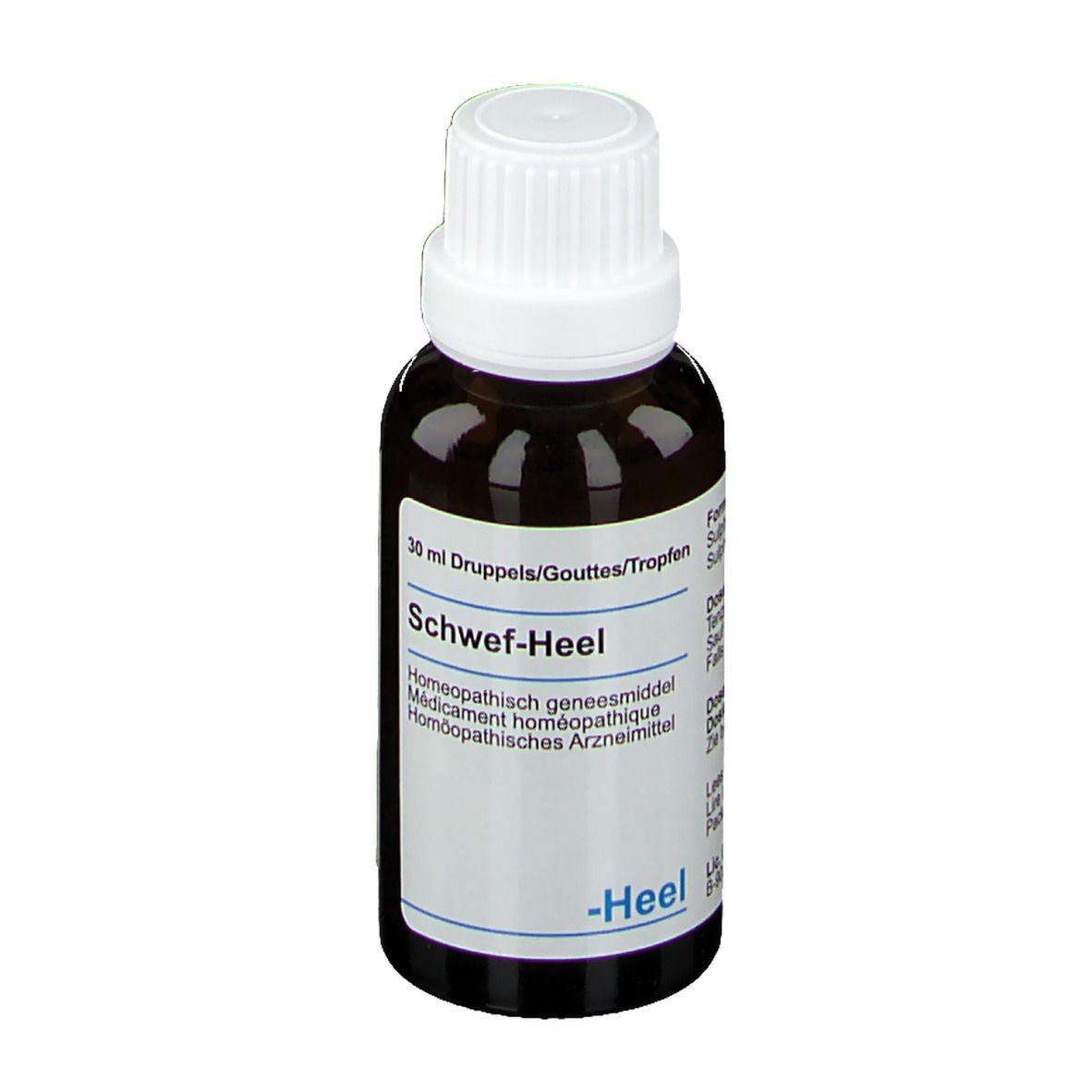 Flacon en verre brun avec bouchon blanc. Étiquette avec nom du produit et texte. Marque: -Heel.