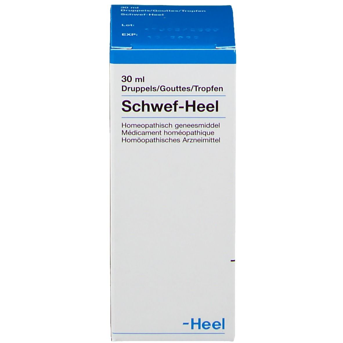 Emballage blanc avec couvercle bleu. Nom du produit et texte. Marque: -Heel.