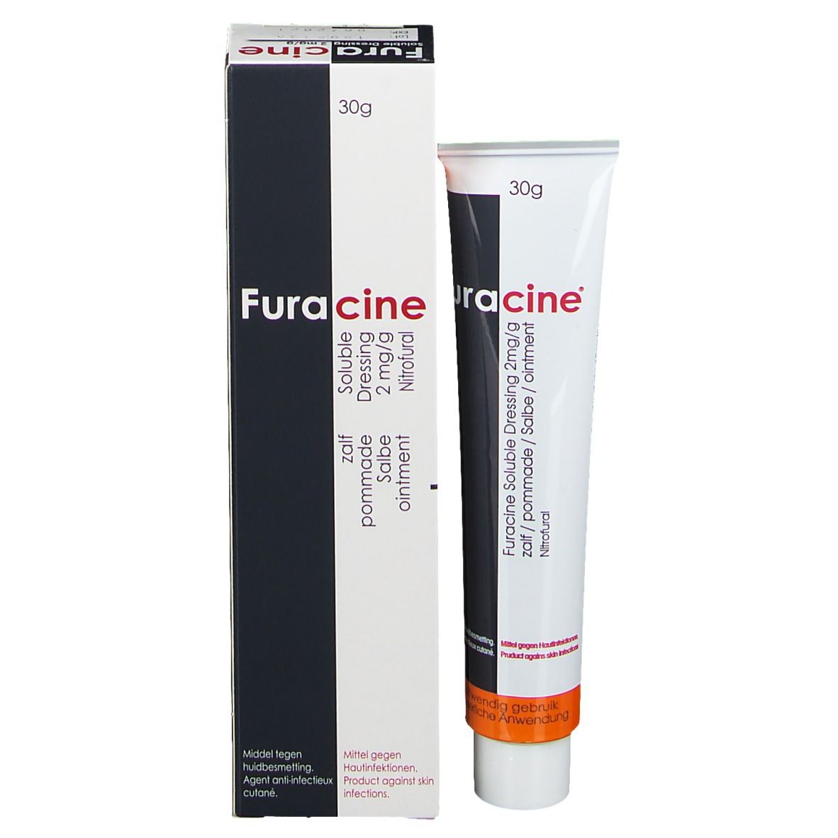 Furacine Soluble Dressing 2mg/g zalf en verpakking. Tube en doos met tekst in meerdere talen.