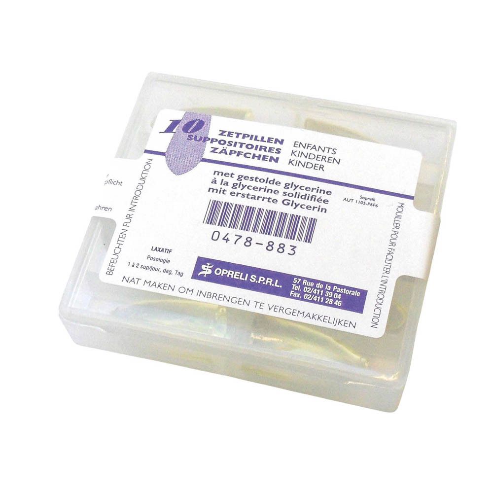 Boîte de 10 suppositoires. Étiquette blanche avec nom du produit et informations. Emballage plastique transparent.