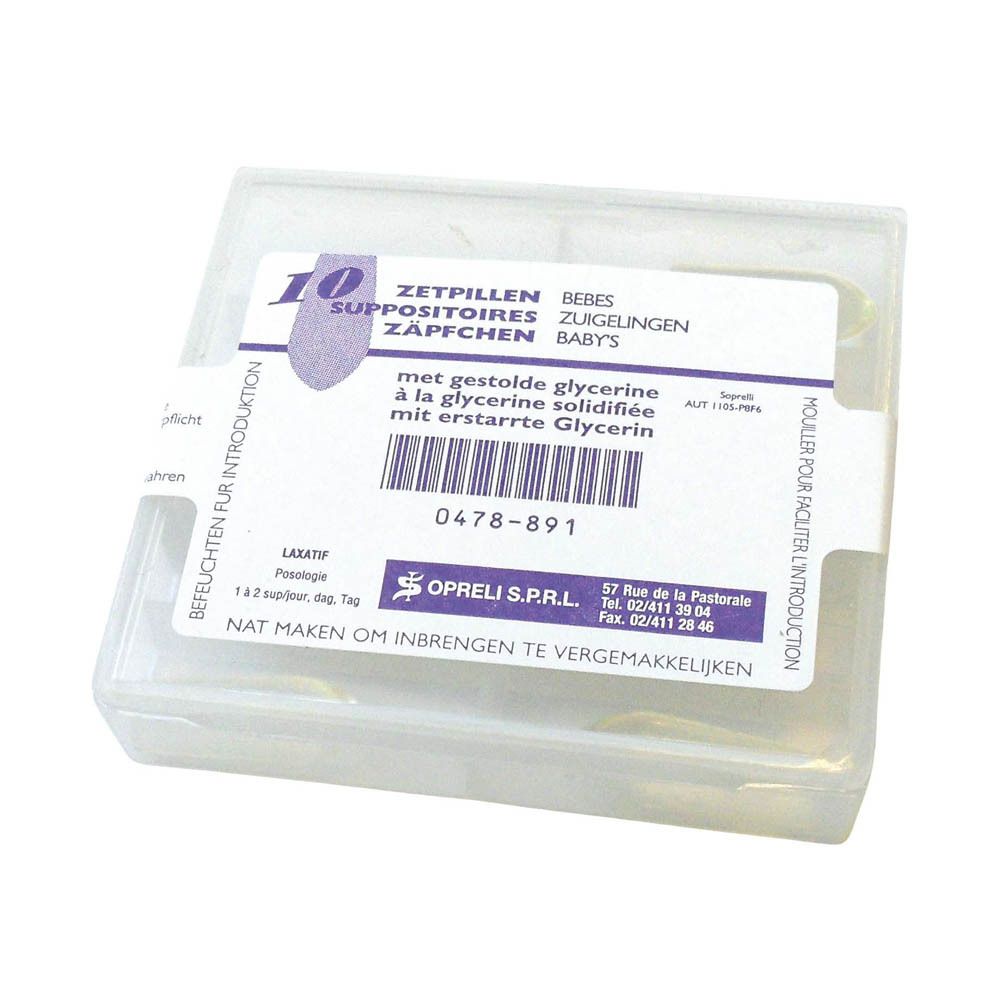 Boîte transparente avec 10 suppositoires. Inscription: Suppositoires pour bébés. Informations produit.