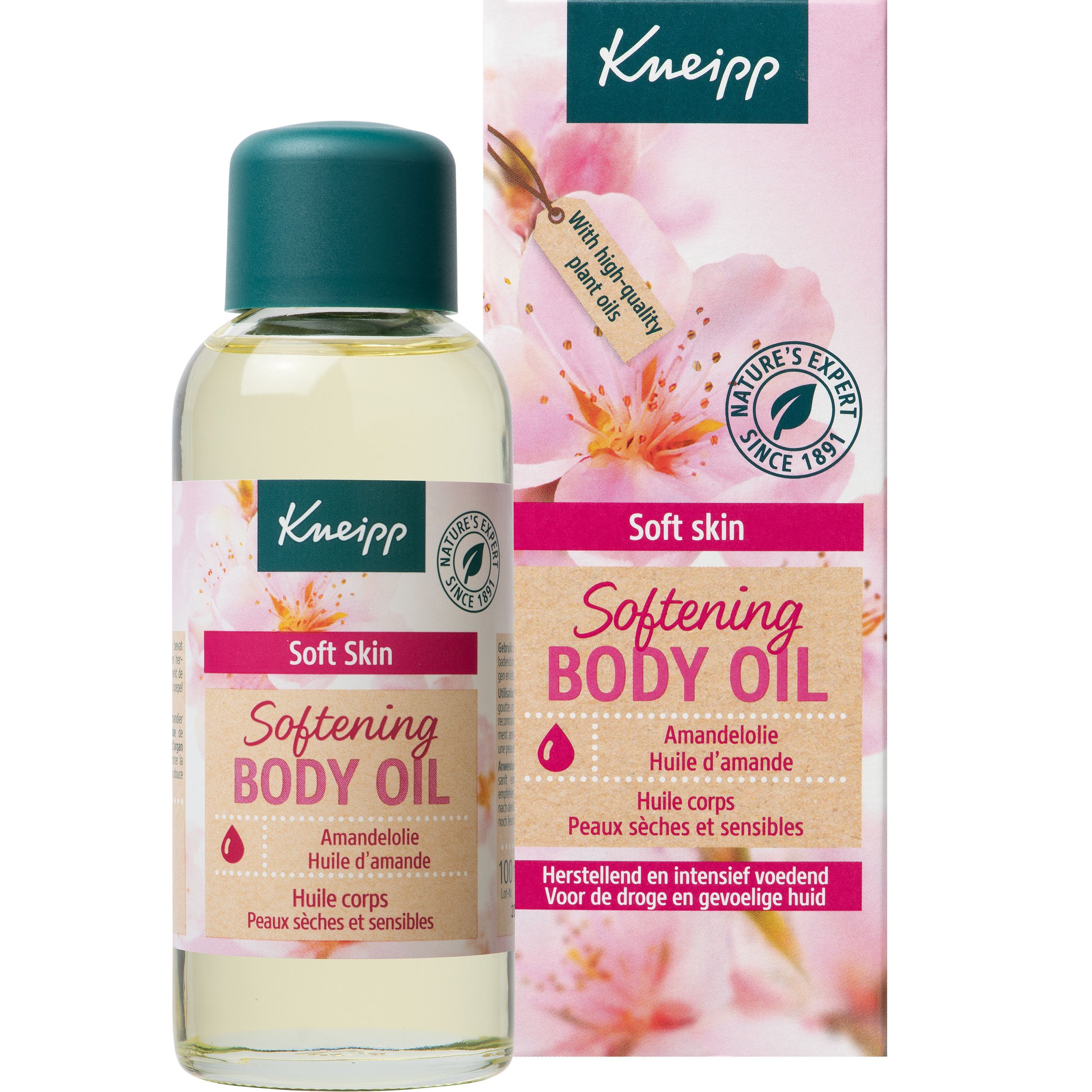 Kneipp® Softening Body Oil fles en verpakking. Groene dop, transparante vloeistof. Verpakking met logo.