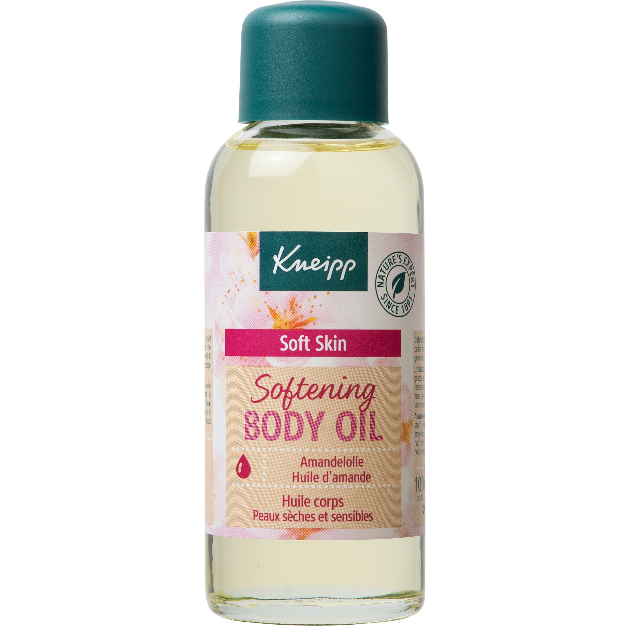 Flacon et emballage Kneipp® Softening Body Oil. Bouchon vert, liquide transparent. Emballage avec logo.