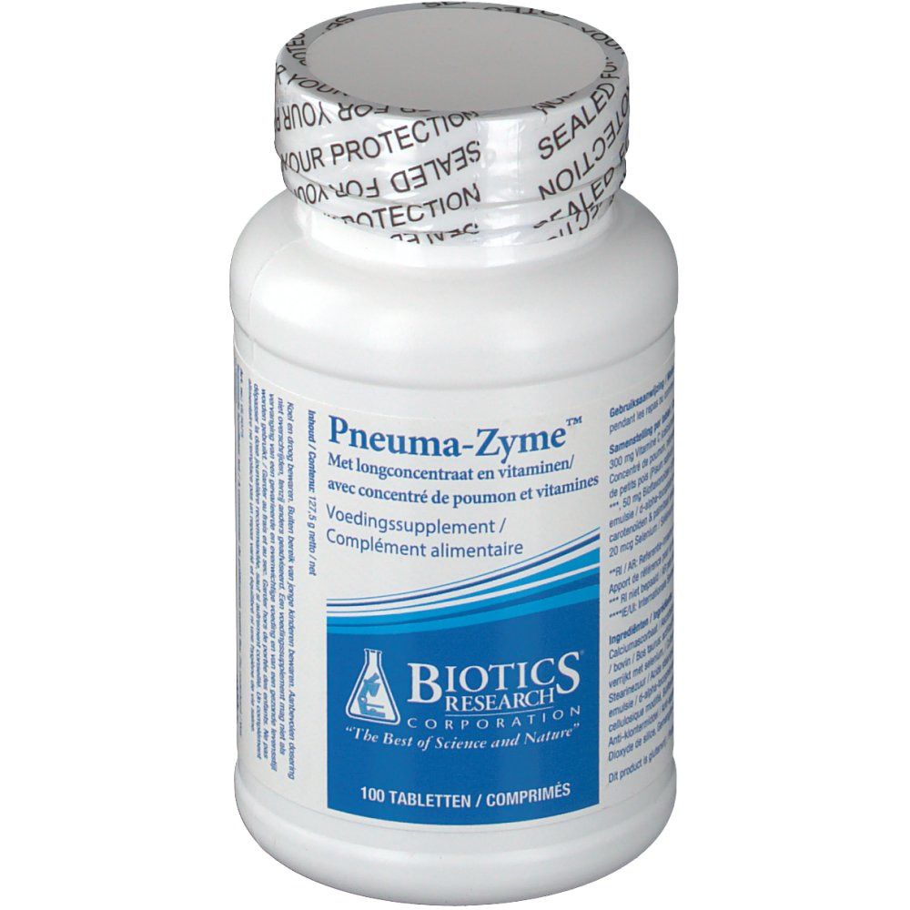 Witte tablettenfles met schroefdop. Opschrift: Pneumazyme, Biotics Research Corporation. 100 tabletten.