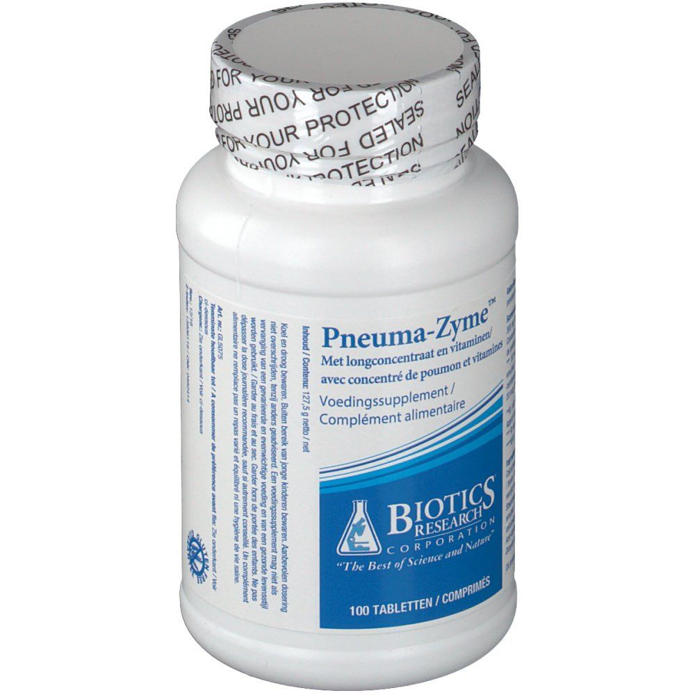 Witte tablettenfles met schroefdop. Opschrift: Pneumazyme, Biotics Research Corporation. 100 tabletten.